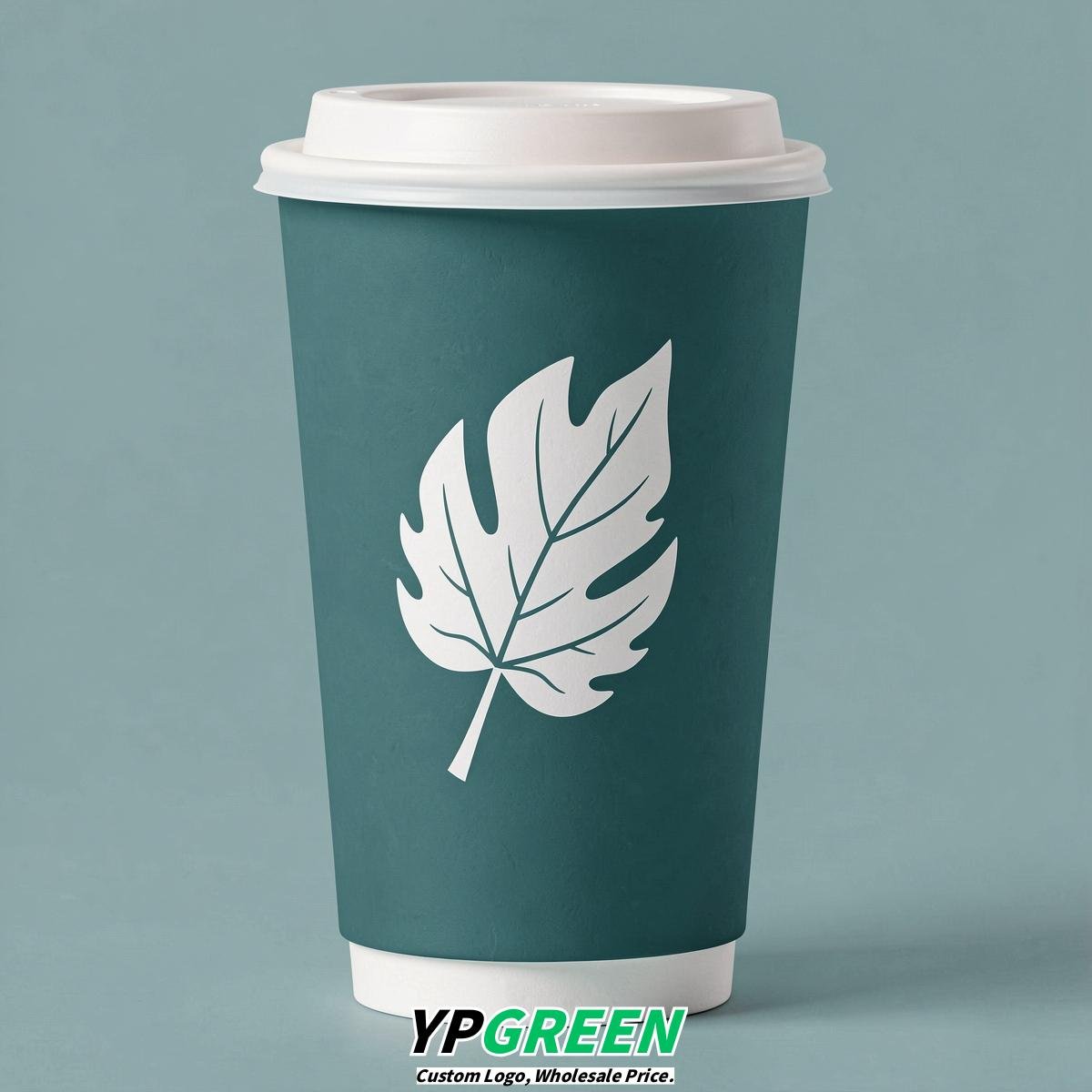 Teal Leaves Paper Cups with Lids 8-24oz