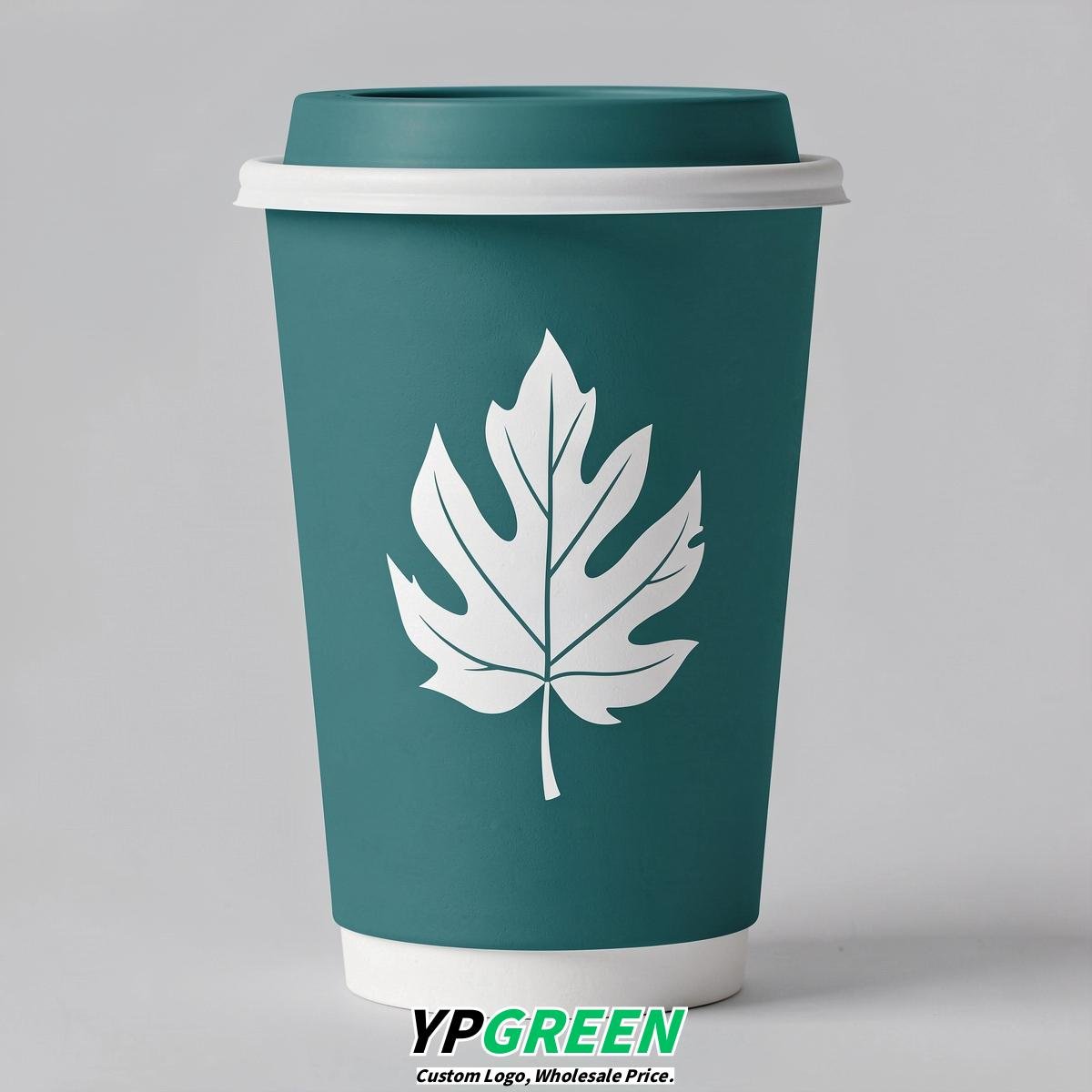 Teal Leaves Paper Cups with Lids 8-24oz