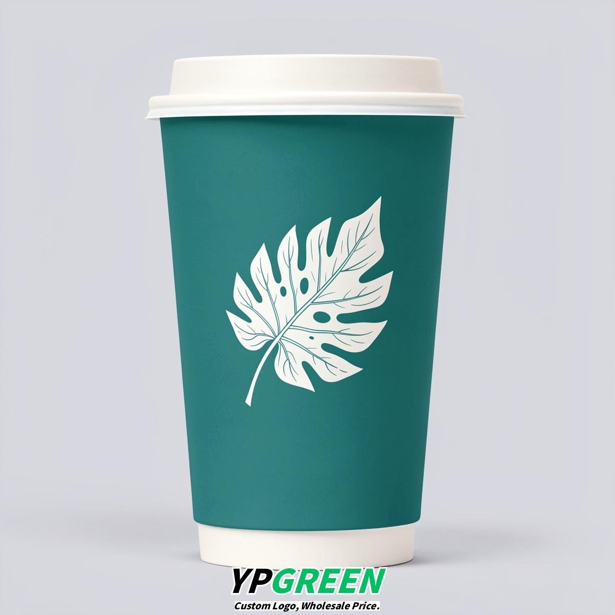 Teal Leaves Paper Cups with Lids 8-24oz