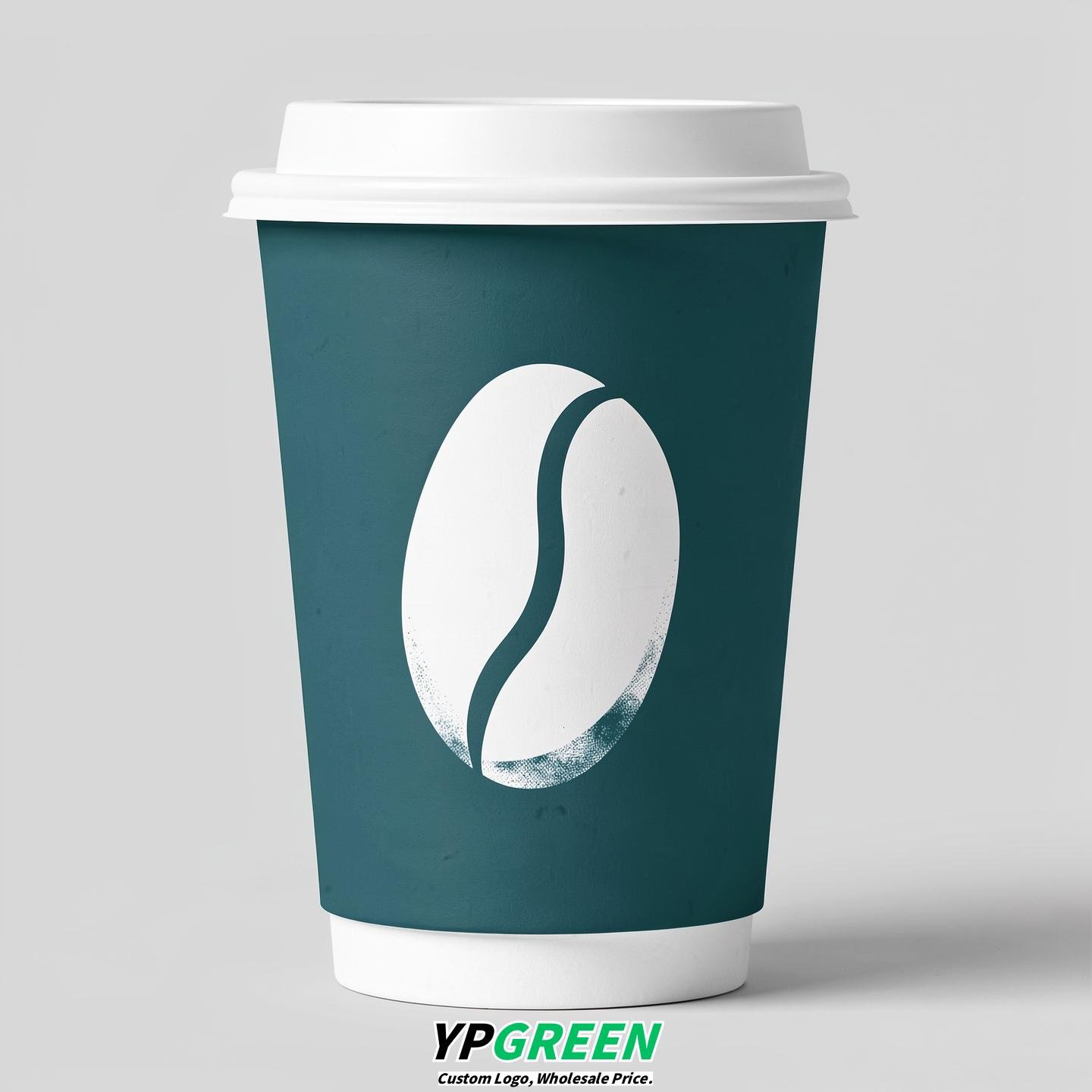 Teal Paper Cups with Coffee Bean Logo & Lids 8-24oz
