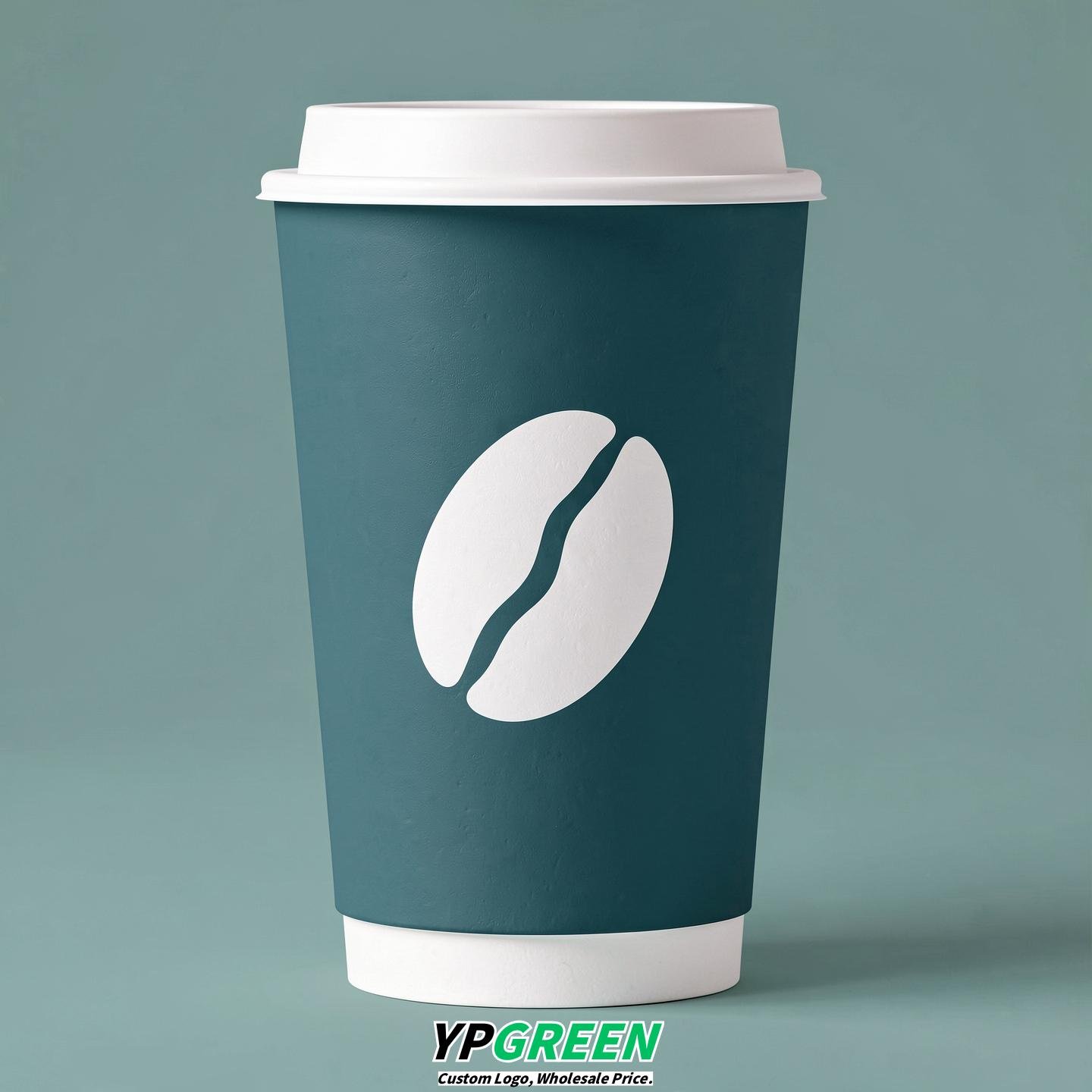 Teal Paper Cups with Coffee Bean Logo & Lids 8-24oz