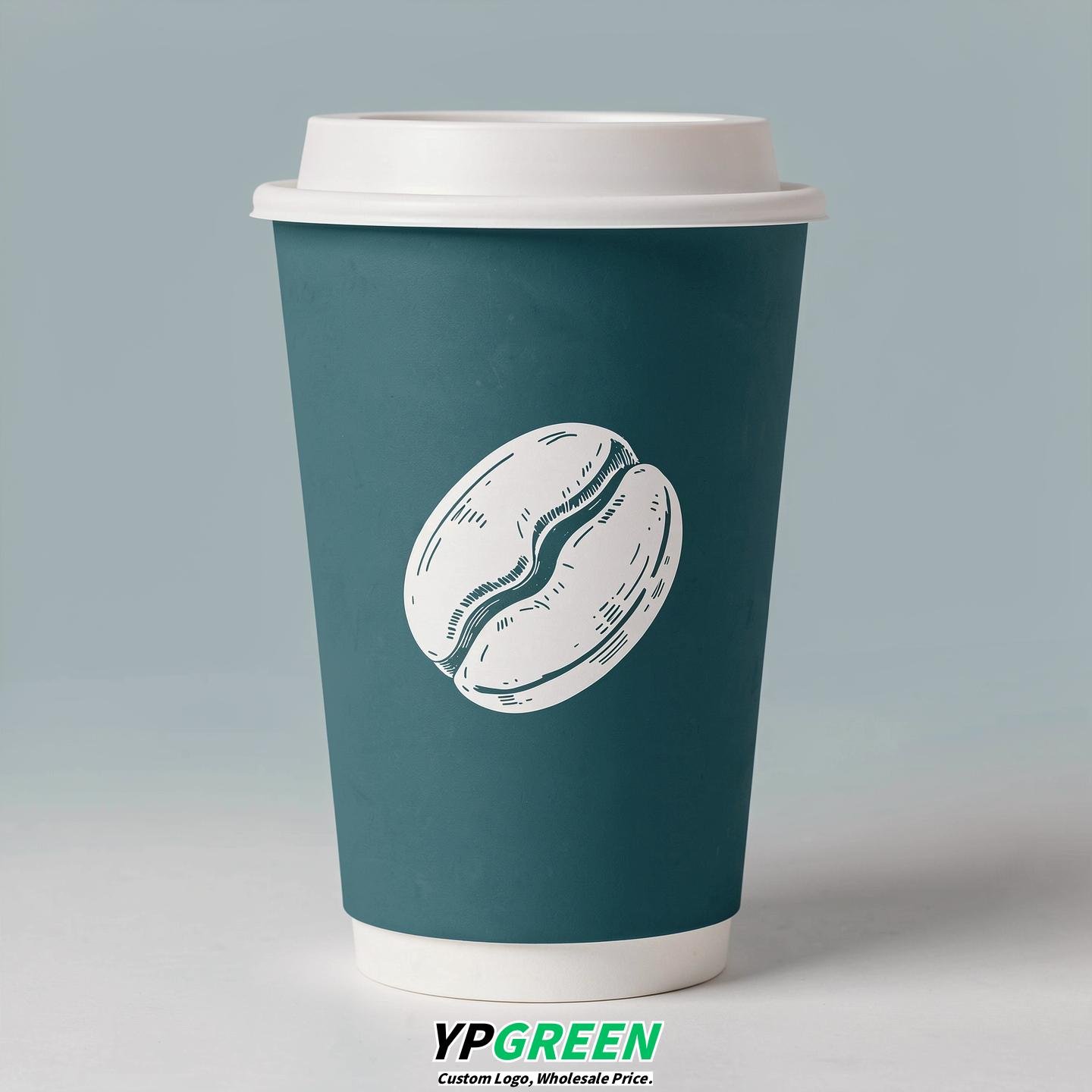 Teal Paper Cups with Coffee Bean Logo & Lids 8-24oz