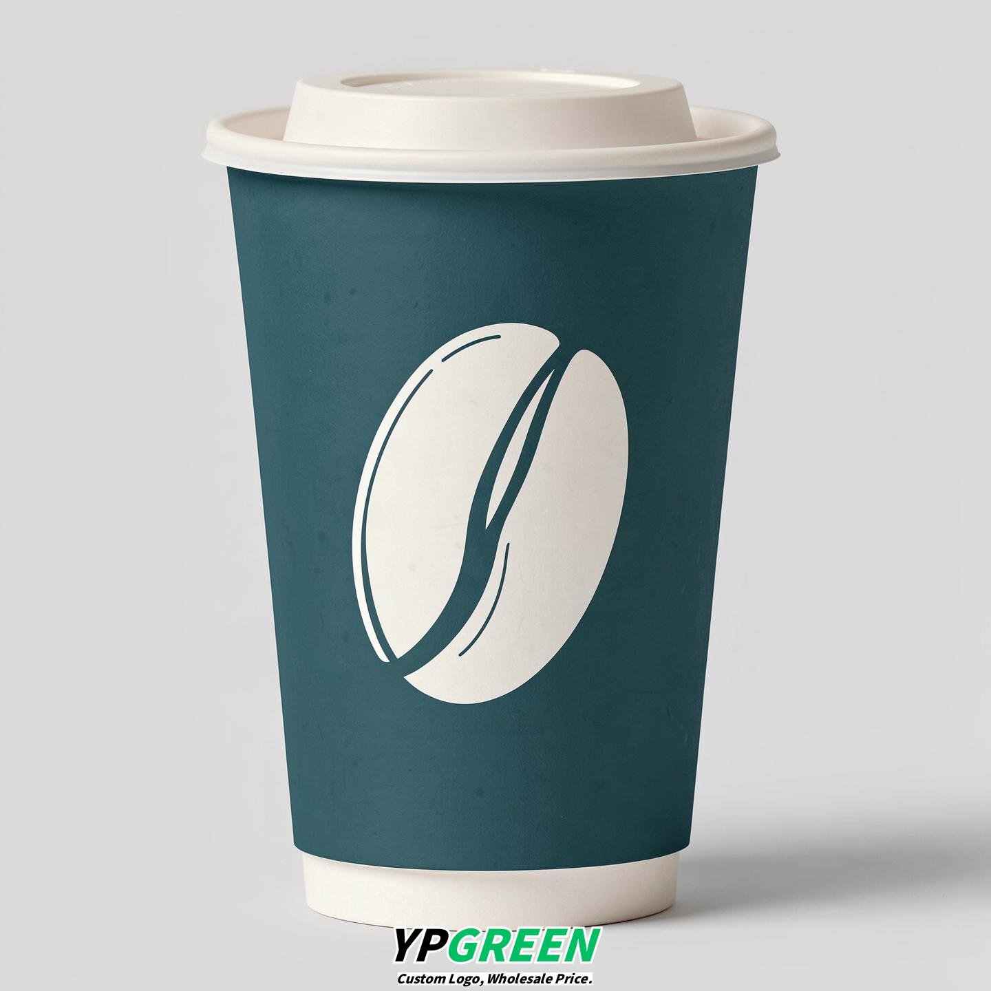 Teal Paper Cups with Coffee Bean Logo & Lids 8-24oz