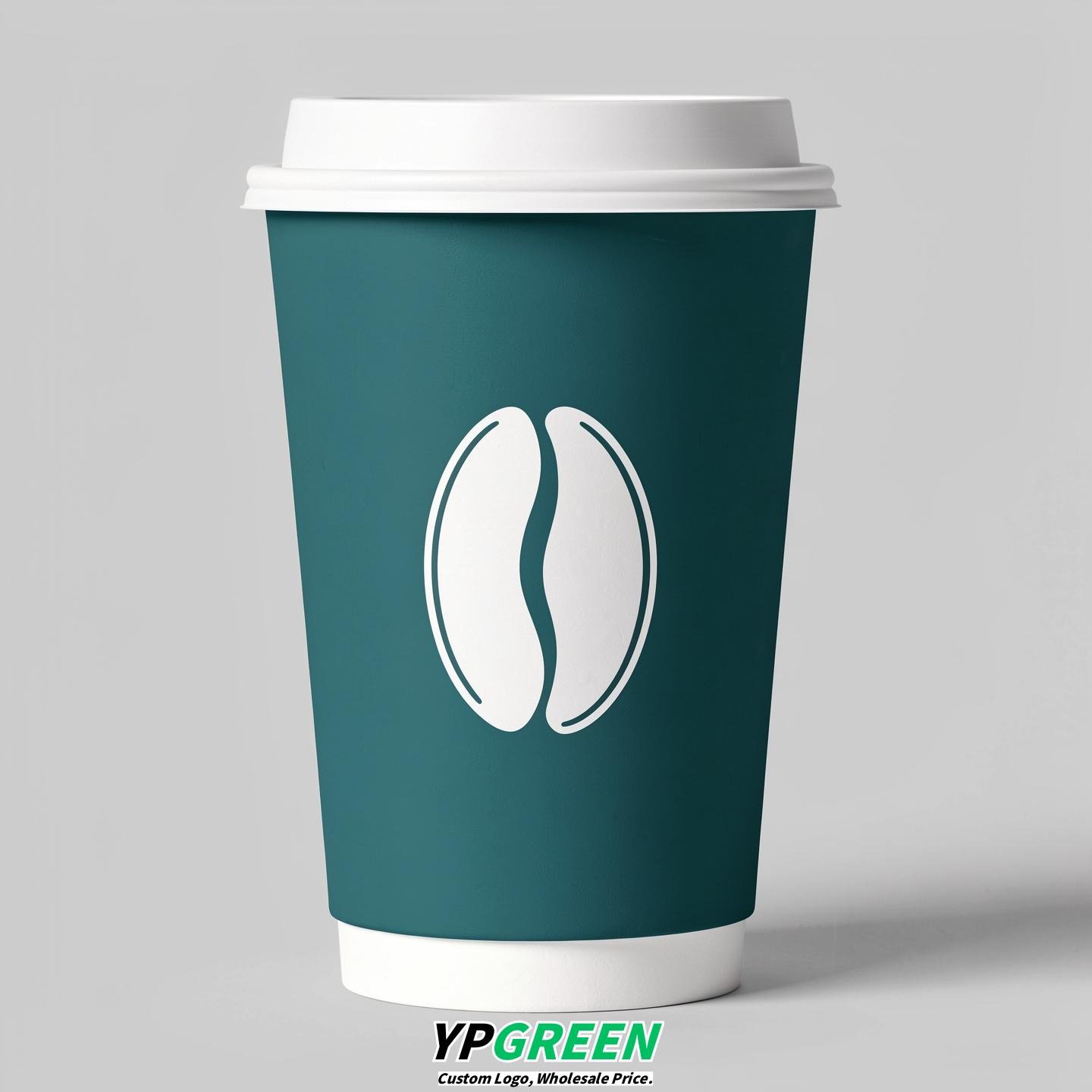 Teal Paper Cups with Coffee Bean Logo & Lids 8-24oz