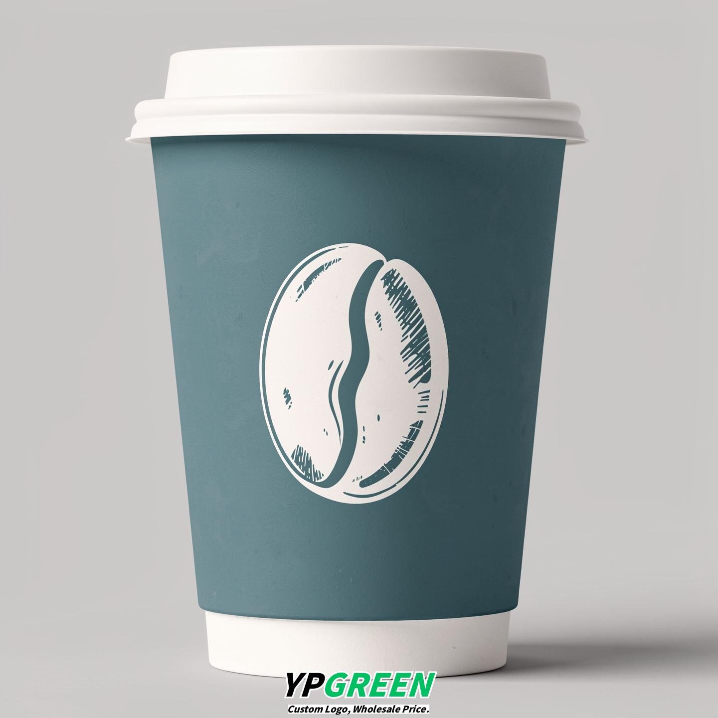 Teal Paper Cups with Coffee Bean Logo & Lids 8-24oz