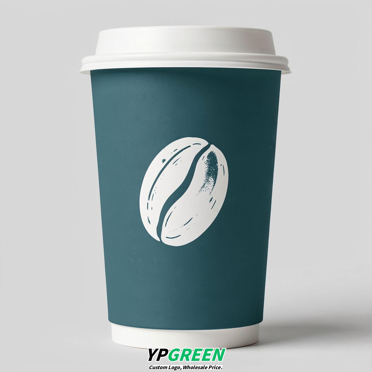 Teal Paper Cups with Coffee Bean Logo & Lids 8-24oz