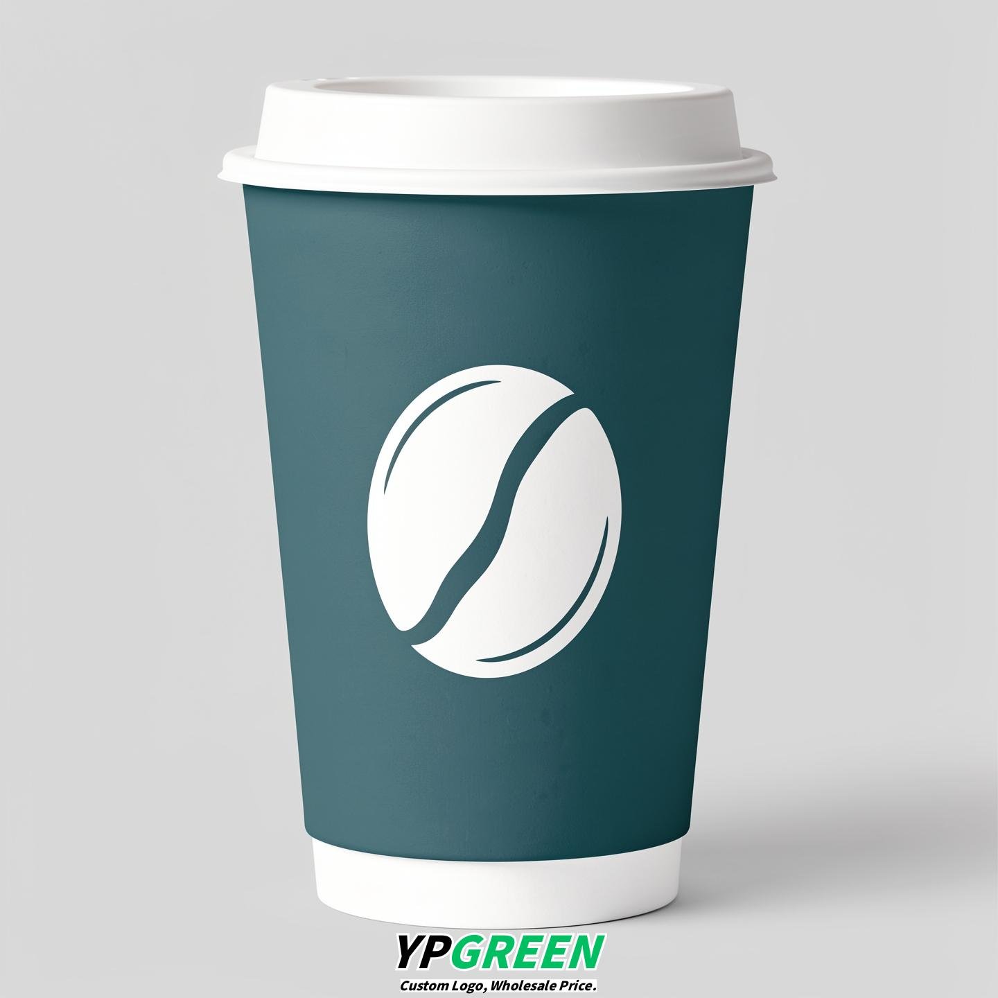 Teal Paper Cups with Coffee Bean Logo & Lids 8-24oz