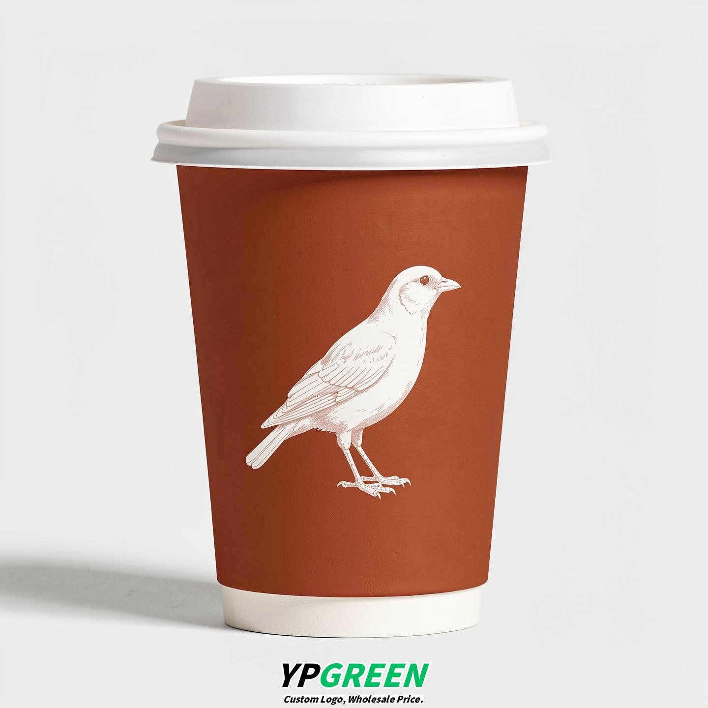 Terracotta Paper Cups with Bird Logo & Lids 8-24oz