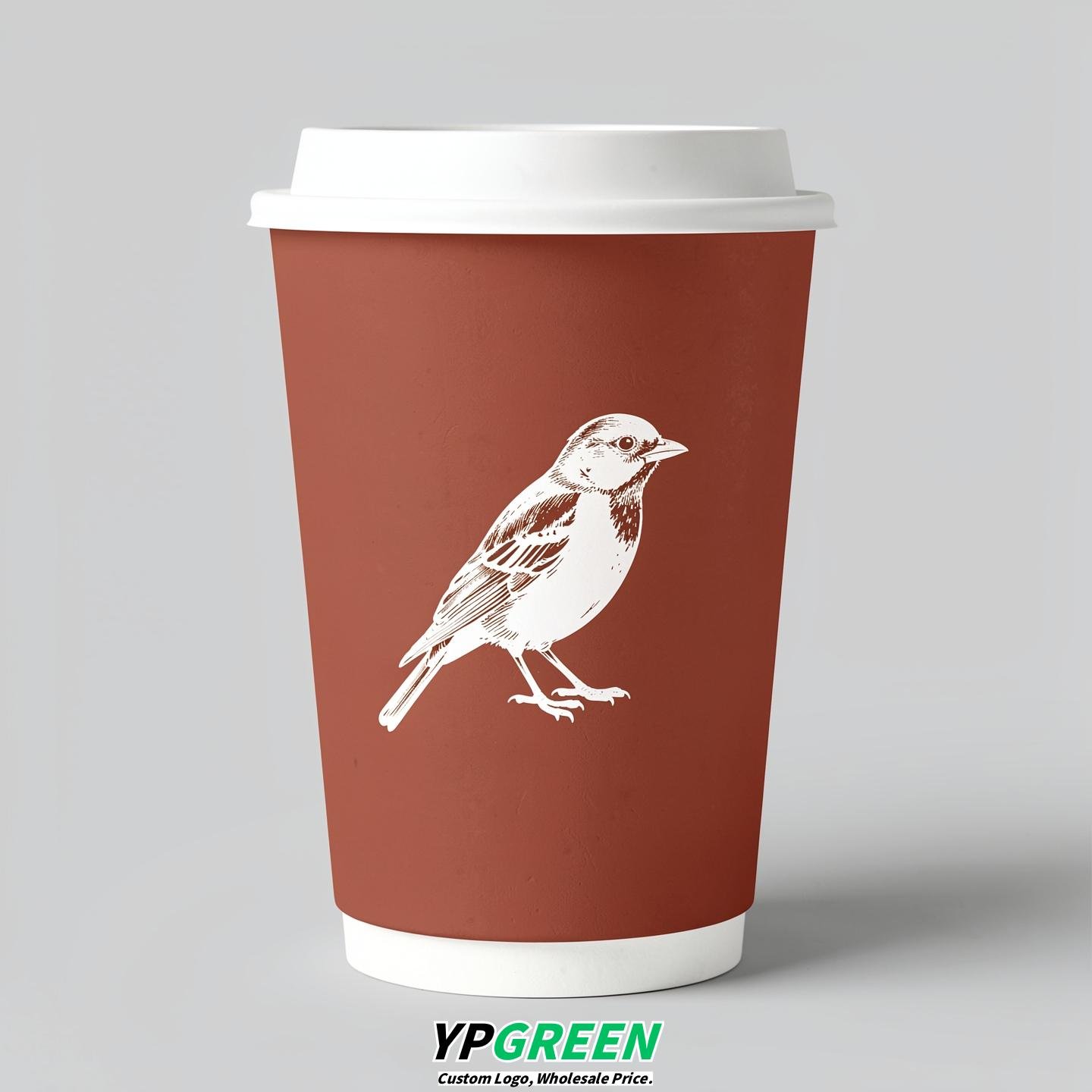 Terracotta Paper Cups with Bird Logo & Lids 8-24oz