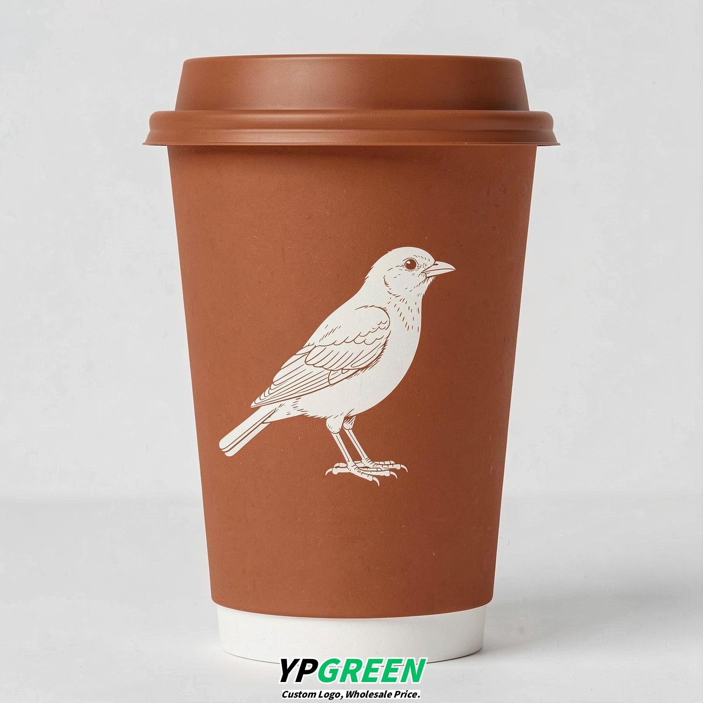 Terracotta Paper Cups with Bird Logo & Lids 8-24oz