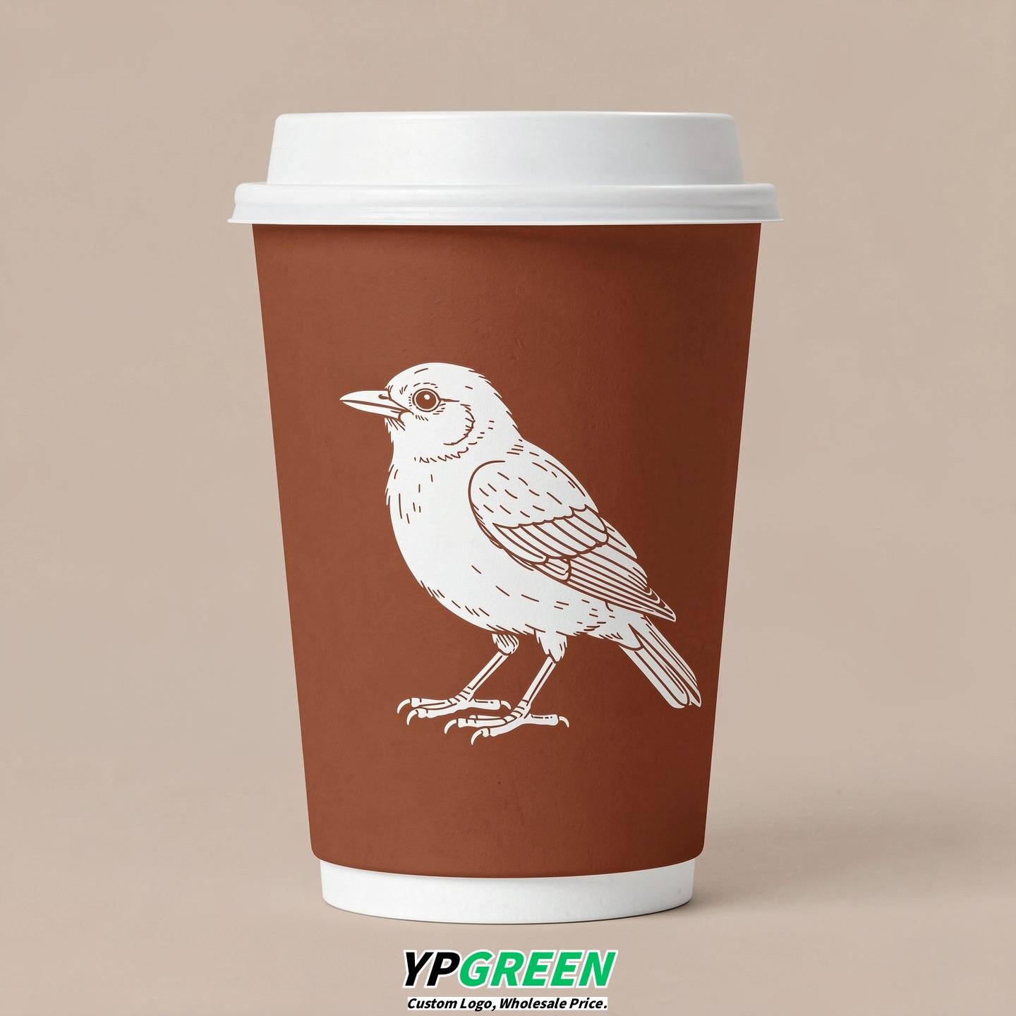 Terracotta Paper Cups with Bird Logo & Lids 8-24oz