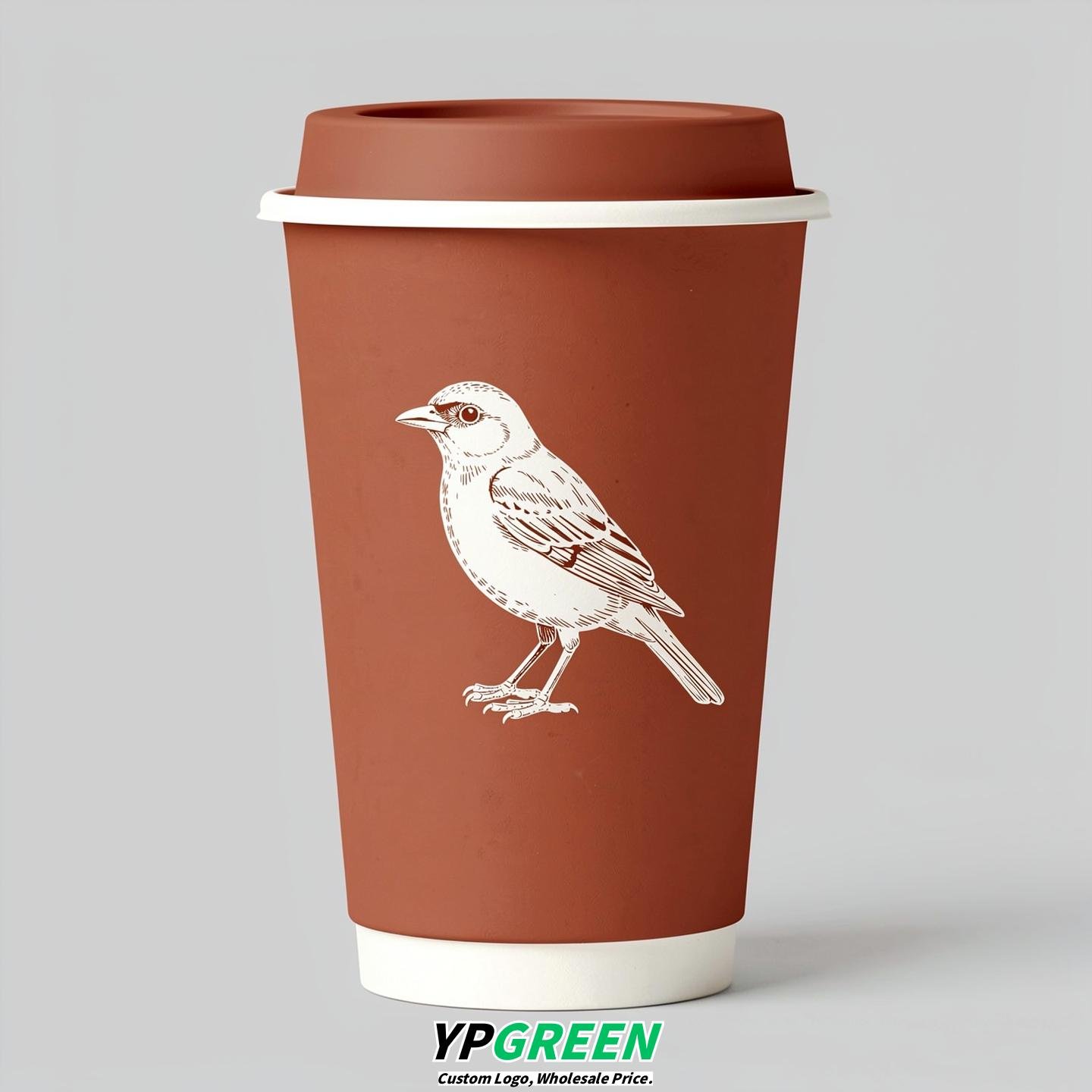 Terracotta Paper Cups with Bird Logo & Lids 8-24oz