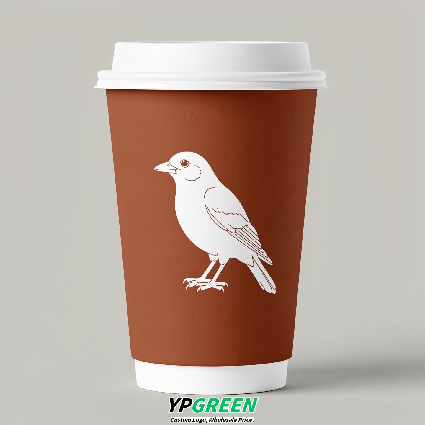 Terracotta Paper Cups with Bird Logo & Lids 8-24oz