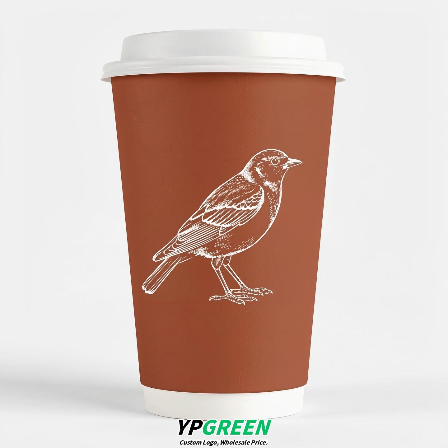 Terracotta Paper Cups with Bird Logo & Lids 8-24oz