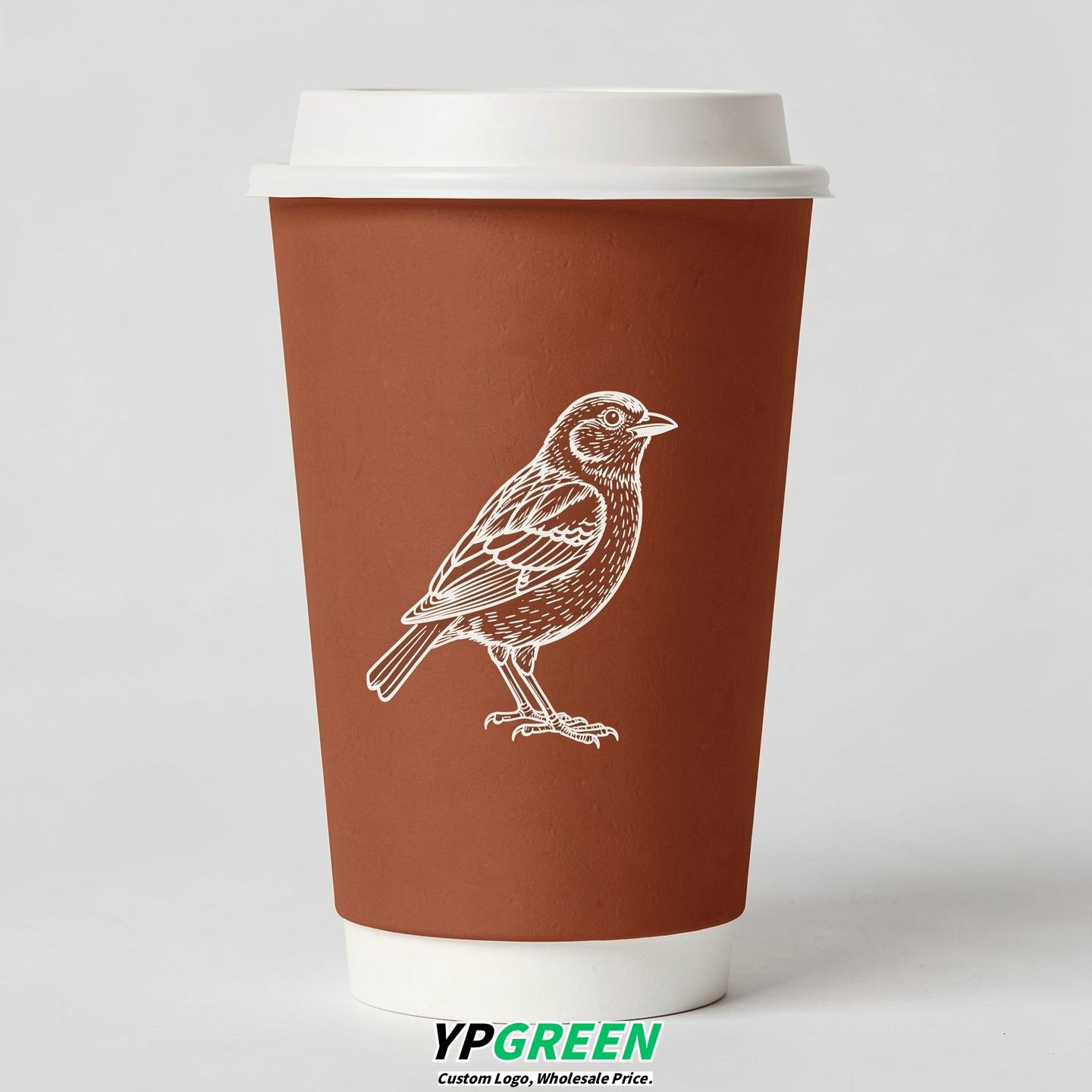 Terracotta Paper Cups with Bird Logo & Lids 8-24oz