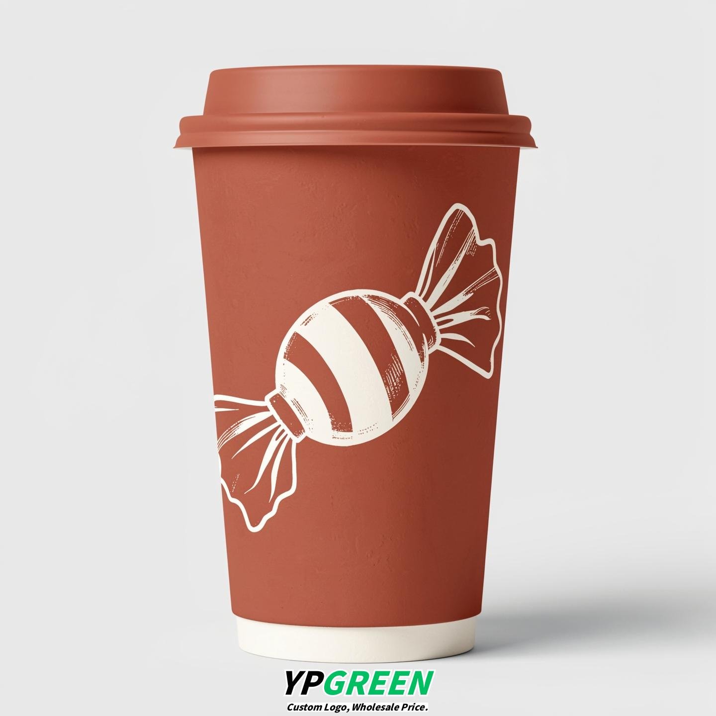 Terracotta Paper Cups with Candy Logo & Lids 8-24oz