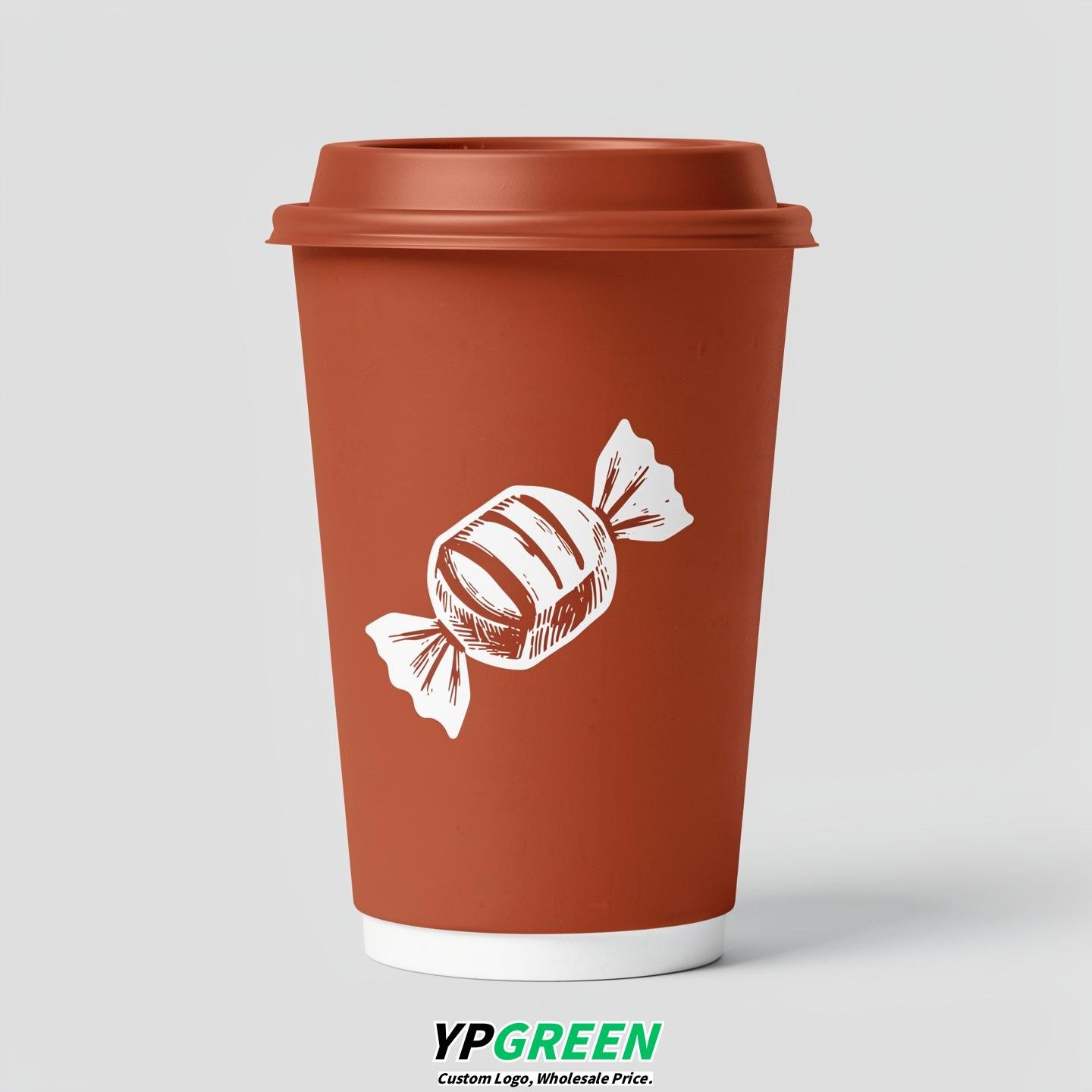 Terracotta Paper Cups with Candy Logo & Lids 8-24oz