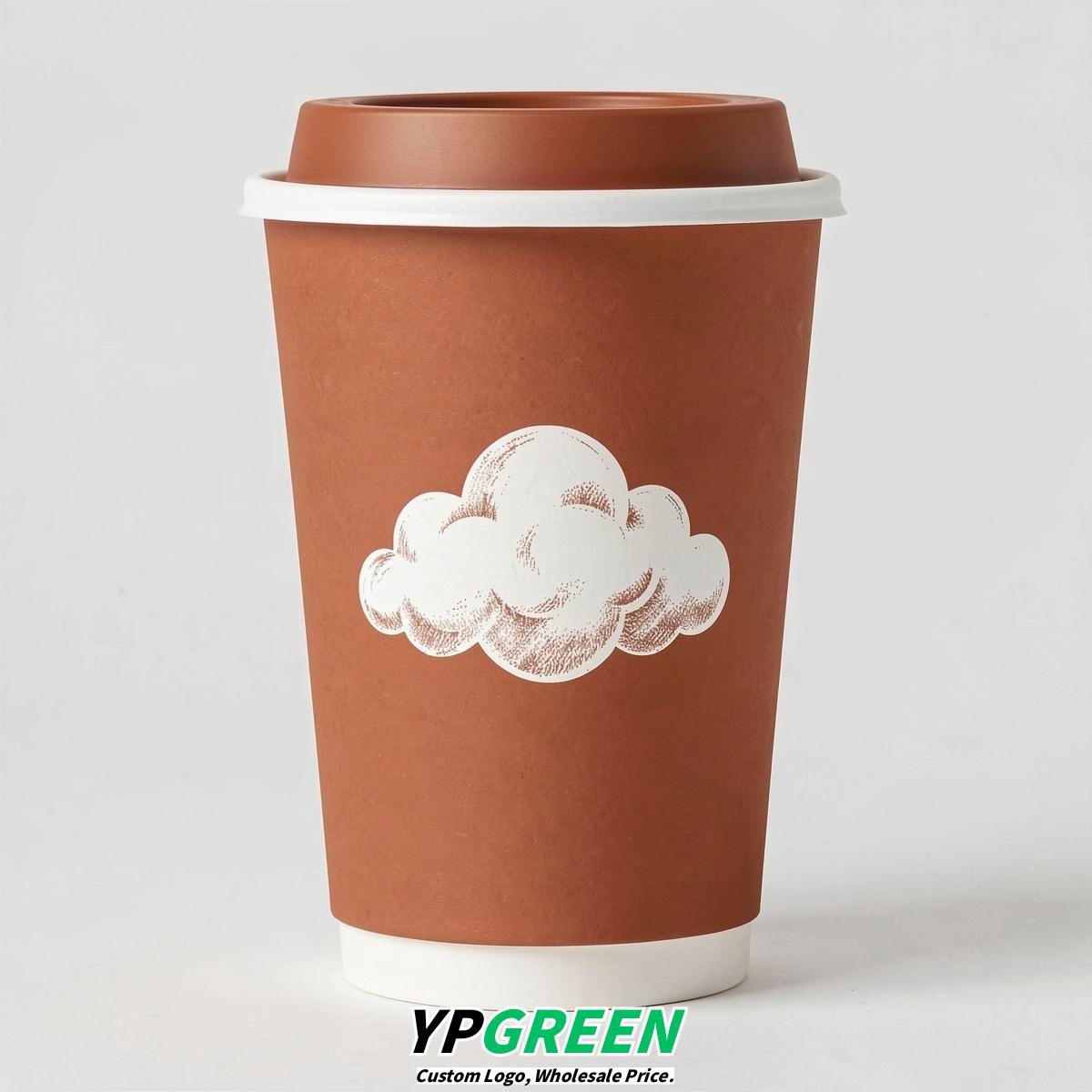 Terracotta Paper Cups with Clouds Logo & Lids 8-24oz