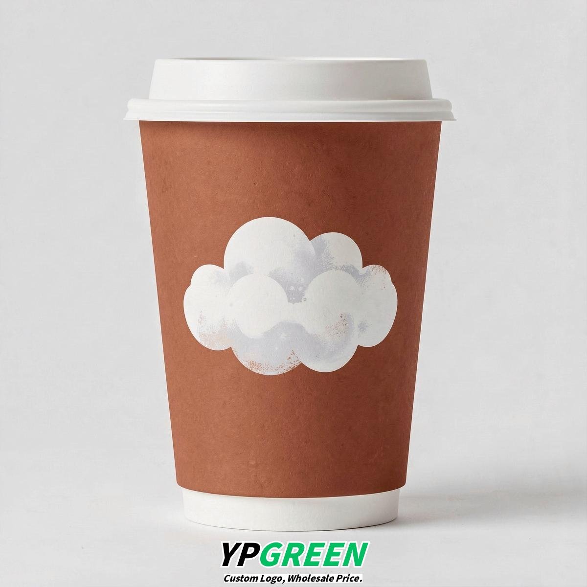 Terracotta Paper Cups with Clouds Logo & Lids 8-24oz