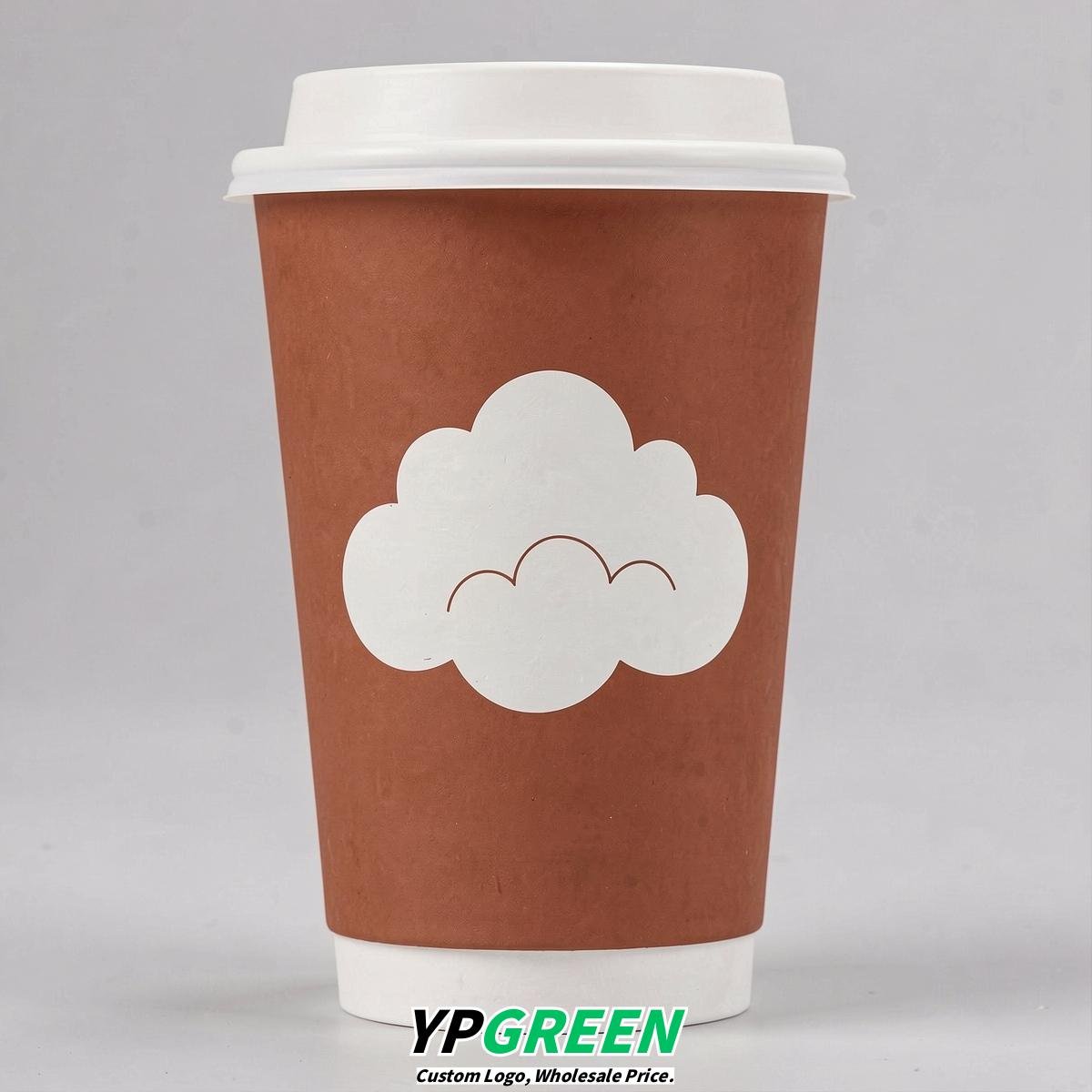 Terracotta Paper Cups with Clouds Logo & Lids 8-24oz