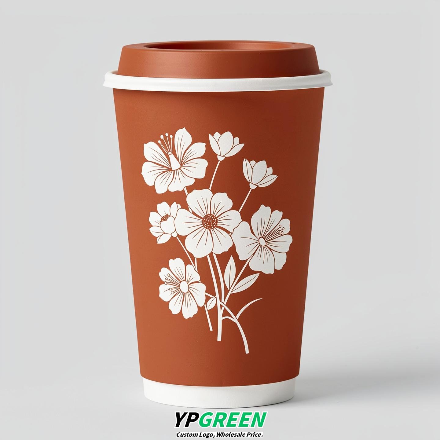 Terracotta Floral Paper Cups with Lids 8-24oz