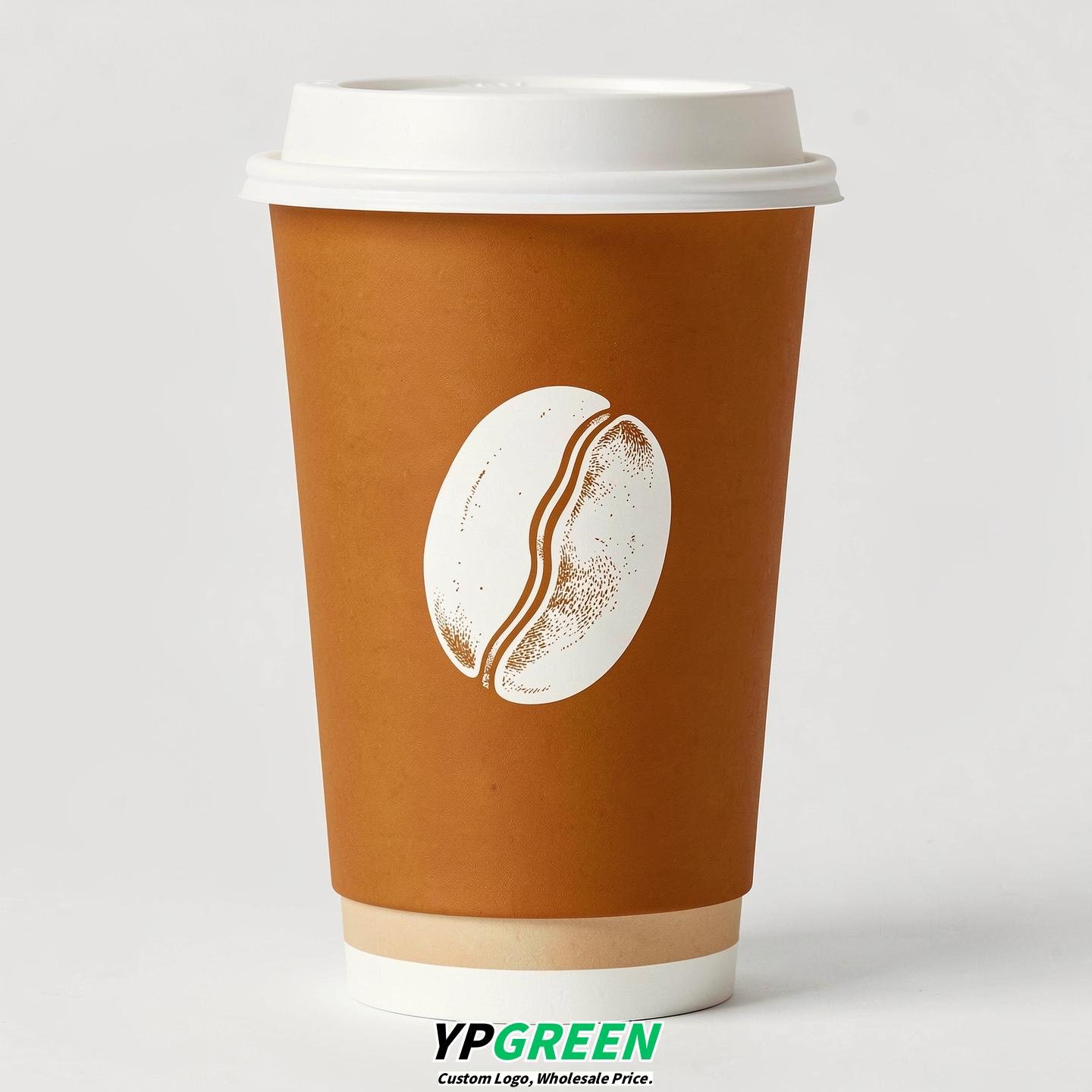 Terracotta Paper Coffee Cups with Coffee Bean Logo & Lids | 12-16oz