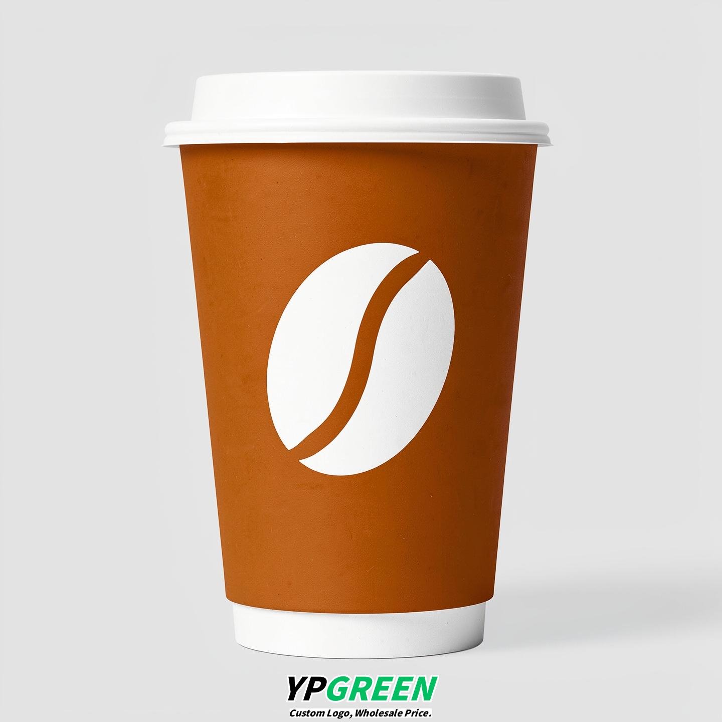 Terracotta Paper Coffee Cups with Coffee Bean Logo & Lids | 12-16oz