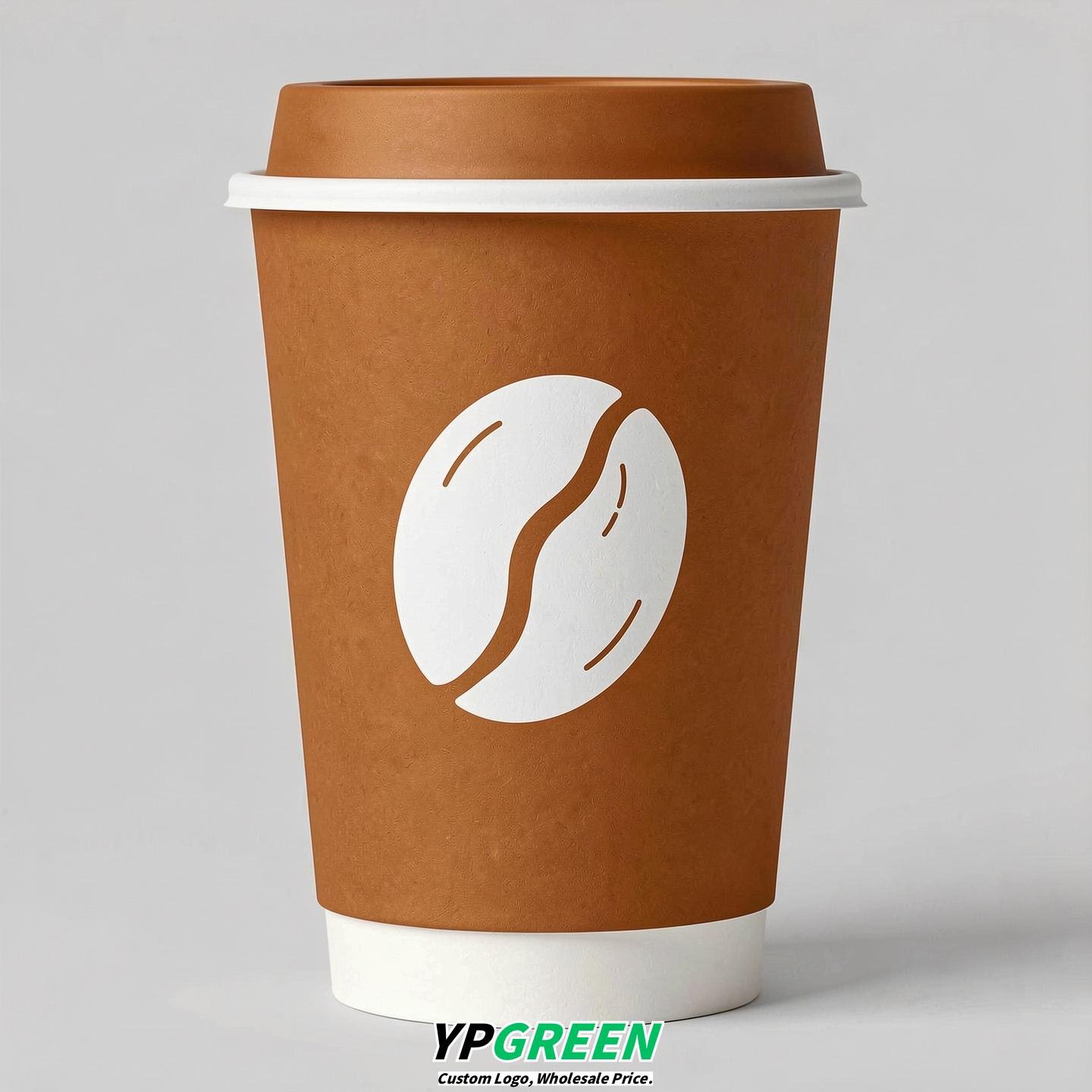 Terracotta Paper Coffee Cups with Coffee Bean Logo & Lids | 12-16oz