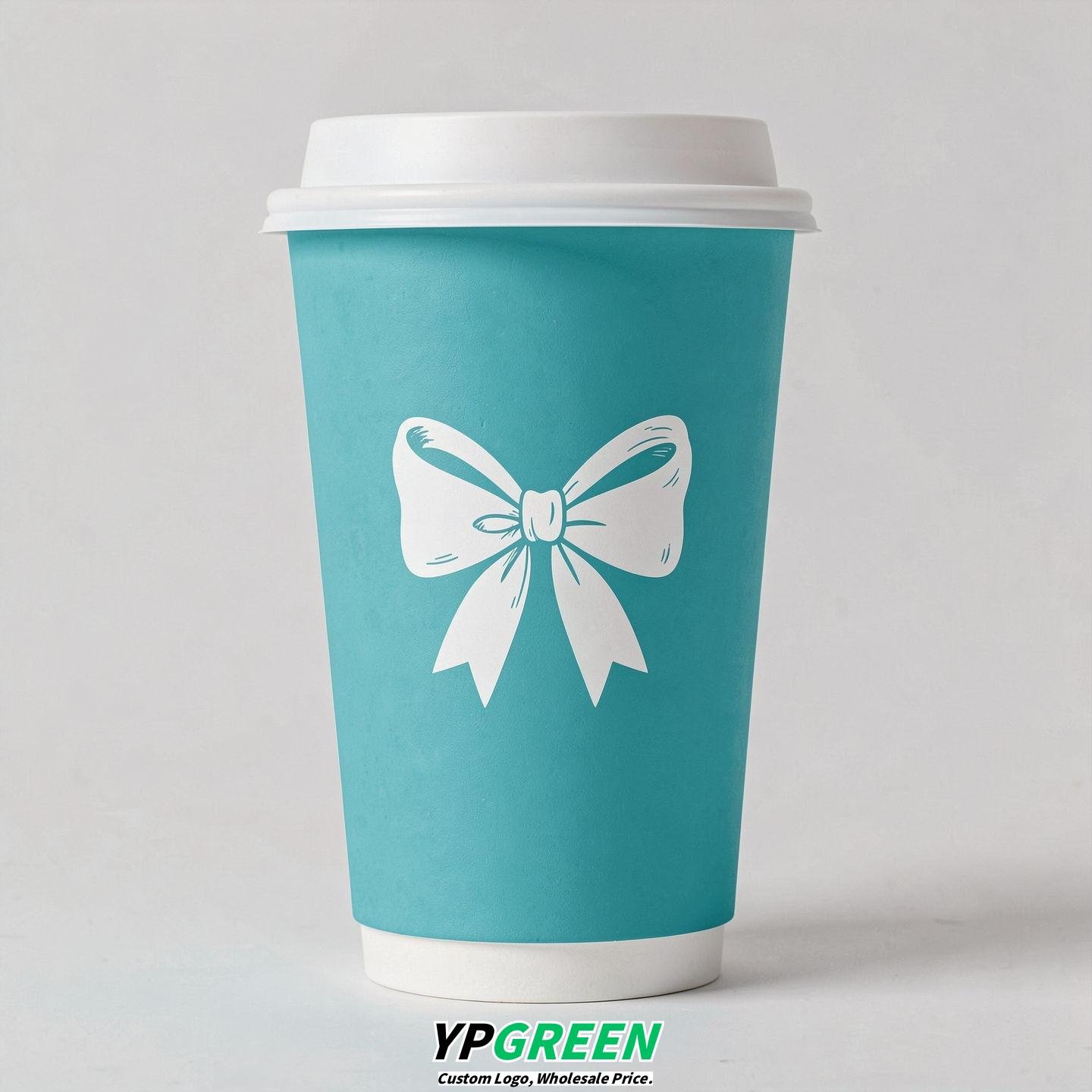 Turquoise Paper Cups with Bow Logo & Lids 8-24oz