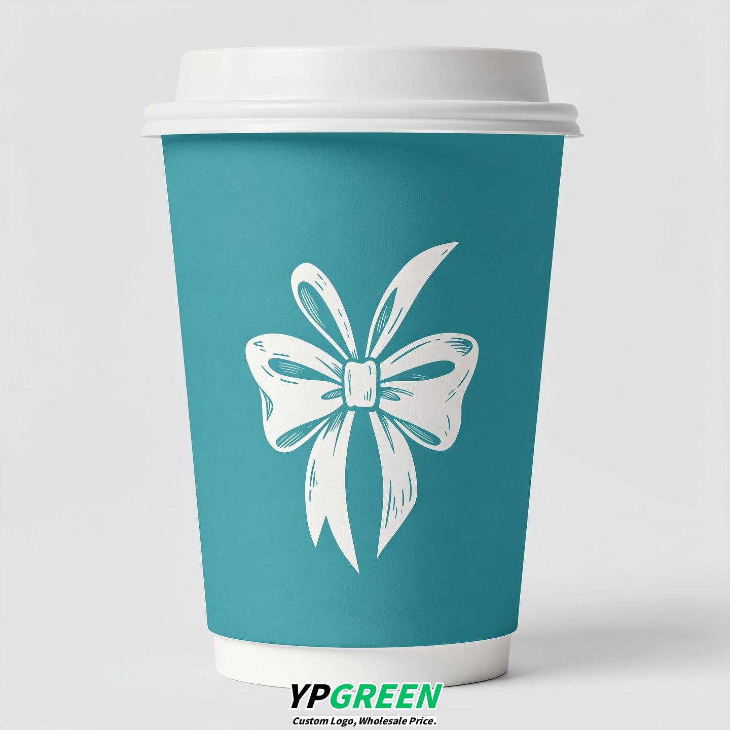 Turquoise Paper Cups with Bow Logo & Lids 8-24oz