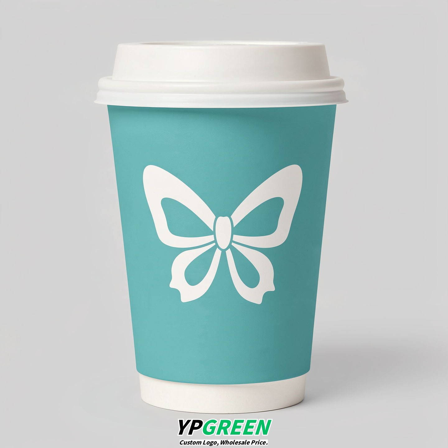 Turquoise Paper Cups with Bow Logo & Lids 8-24oz