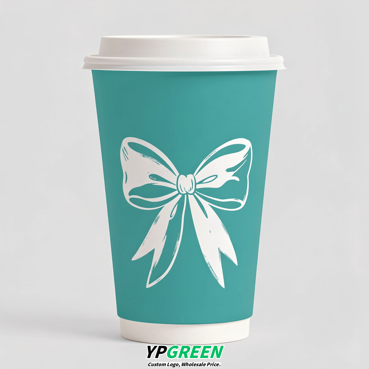 Turquoise Paper Cups with Bow Logo & Lids 8-24oz