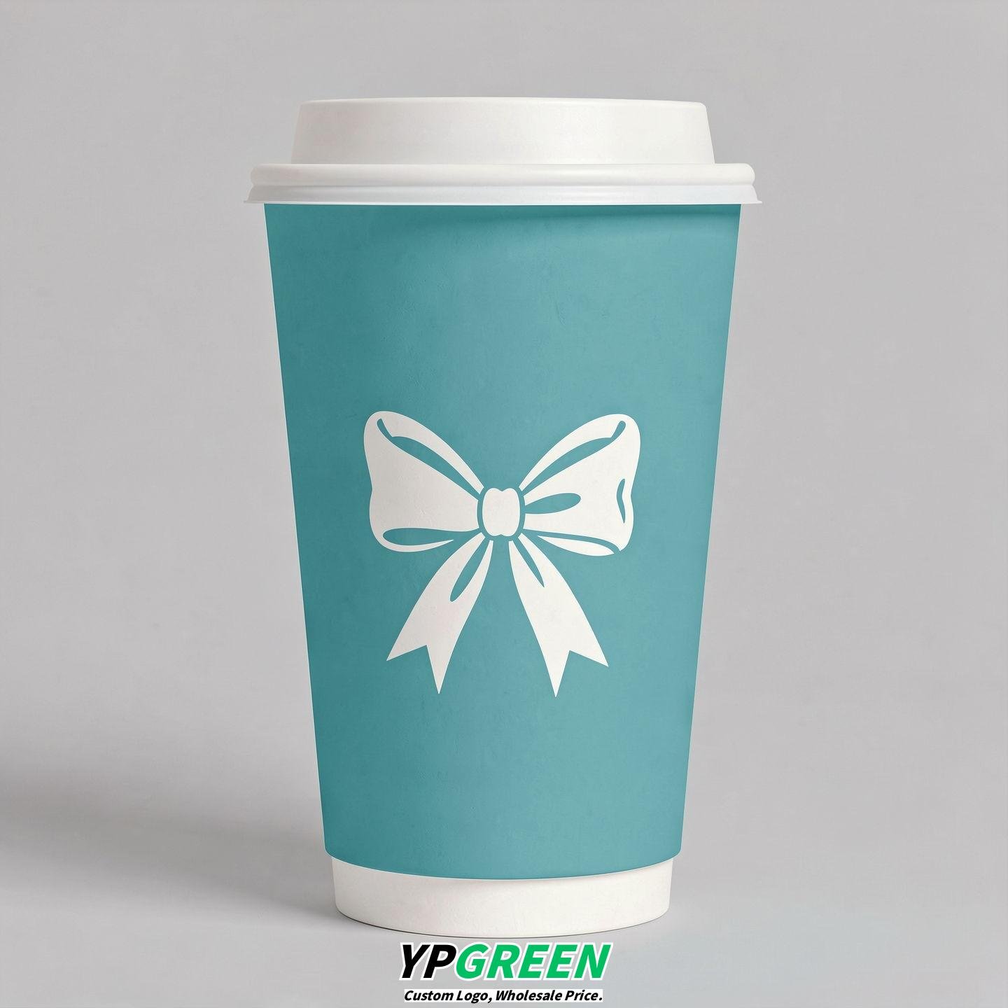 Turquoise Paper Cups with Bow Logo & Lids 8-24oz
