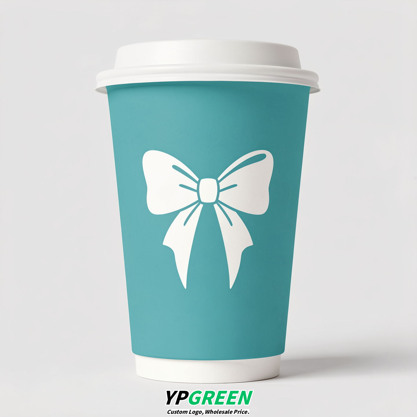 Turquoise Paper Cups with Bow Logo & Lids 8-24oz