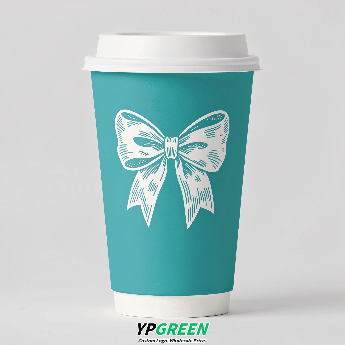 Turquoise Paper Cups with Bow Logo & Lids 8-24oz