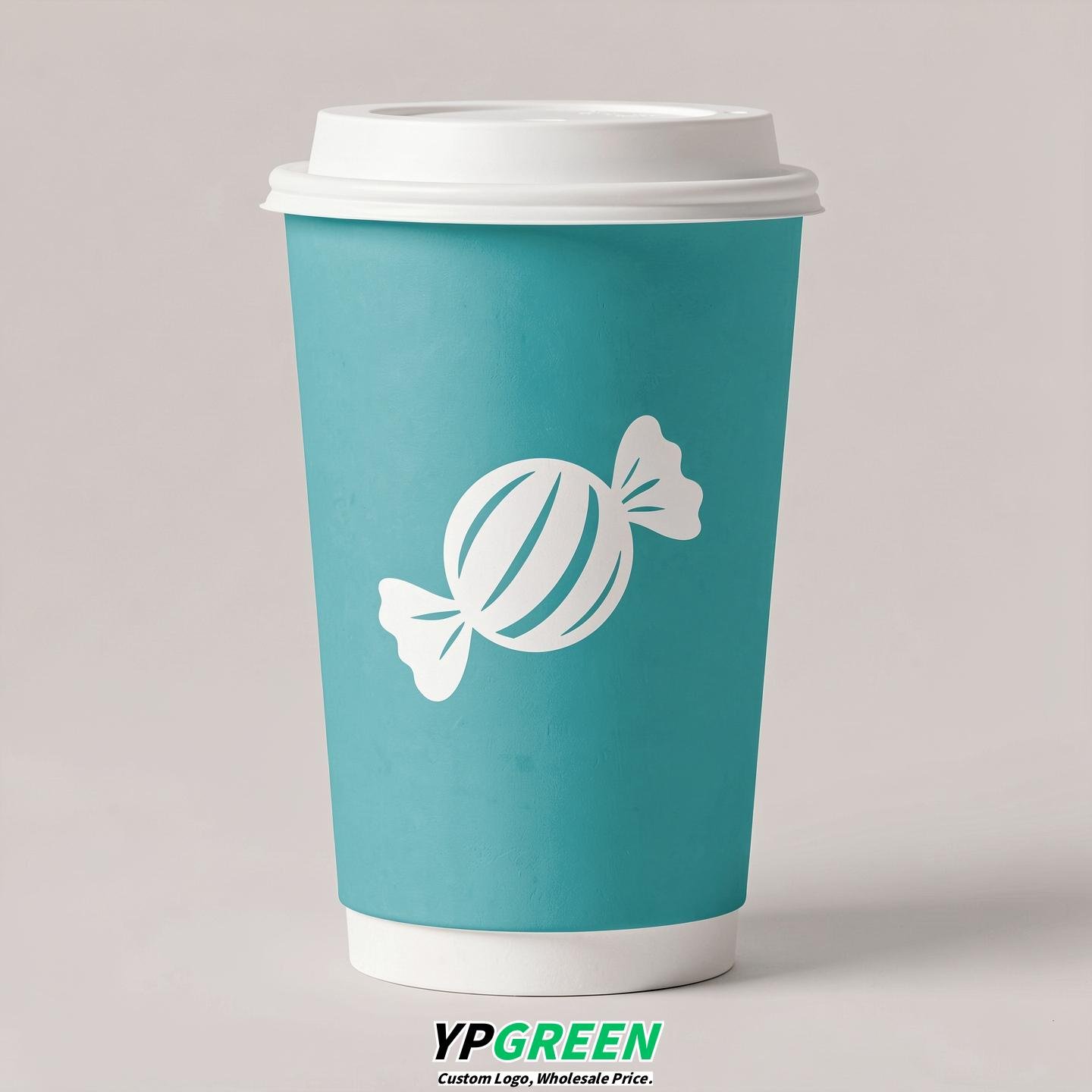 Turquoise Paper Cups with Candy Logo & Lids 8-24oz