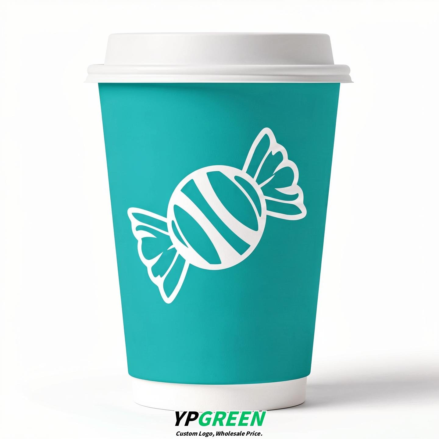 Turquoise Paper Cups with Candy Logo & Lids 8-24oz