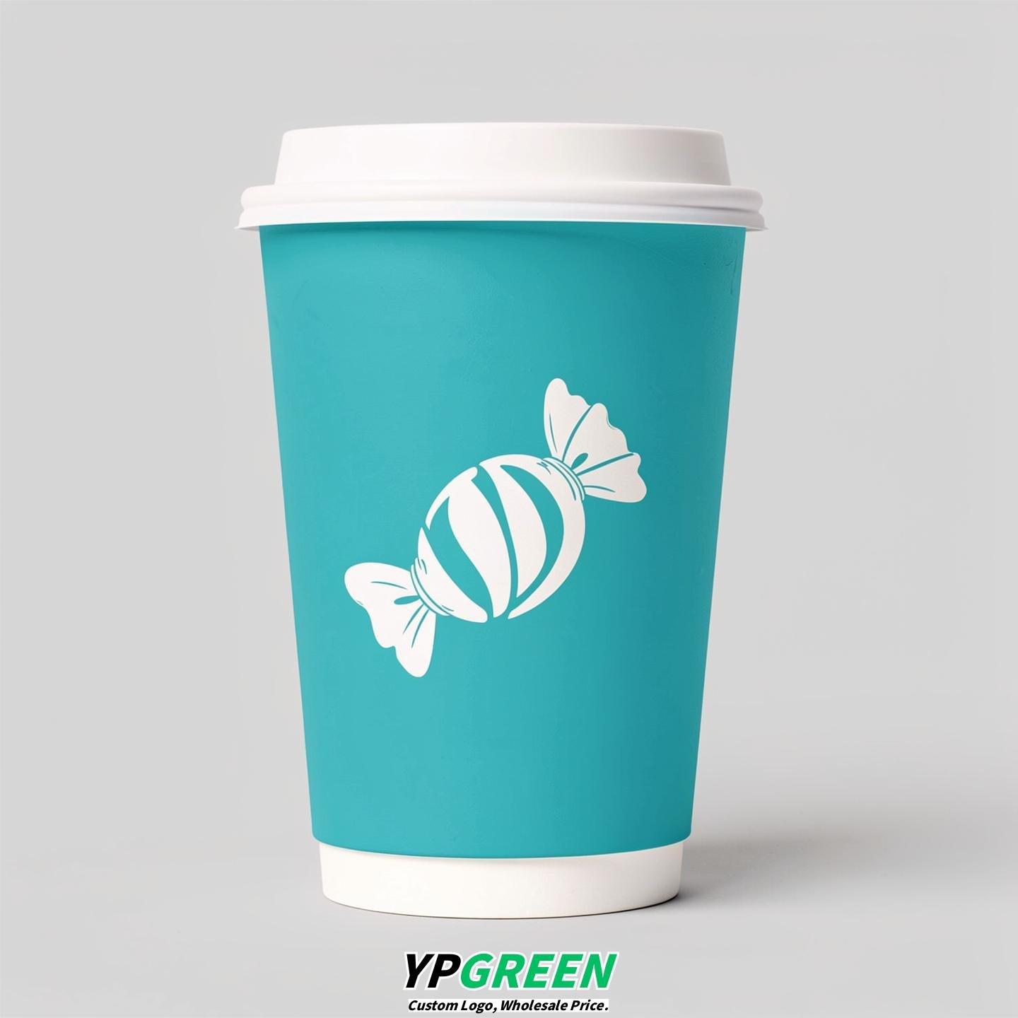 Turquoise Paper Cups with Candy Logo & Lids 8-24oz
