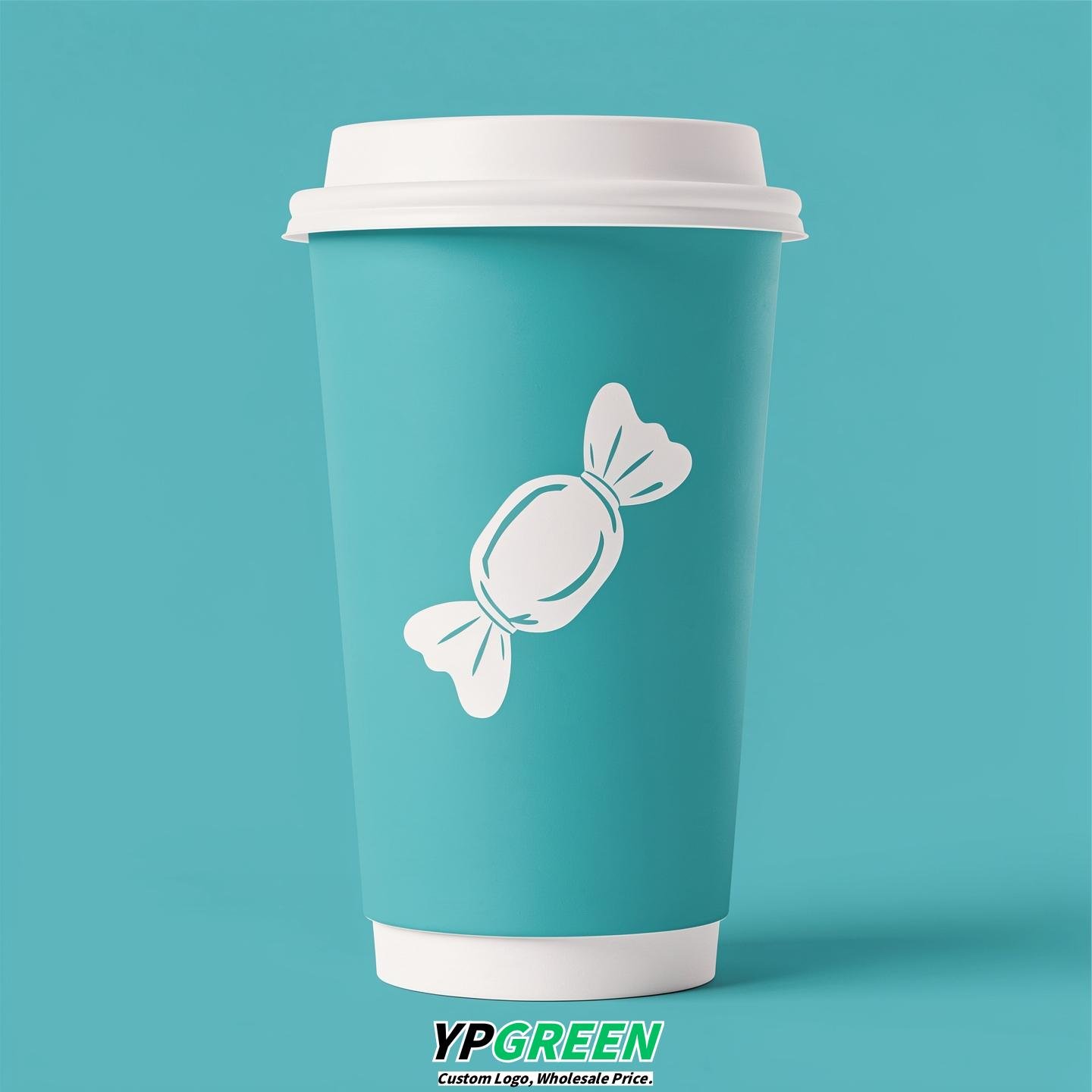 Turquoise Paper Cups with Candy Logo & Lids 8-24oz