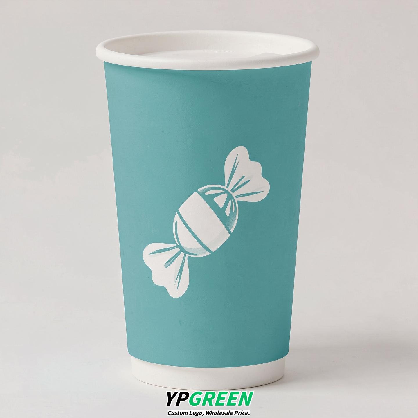 Turquoise Paper Cups with Candy Logo & Lids 8-24oz