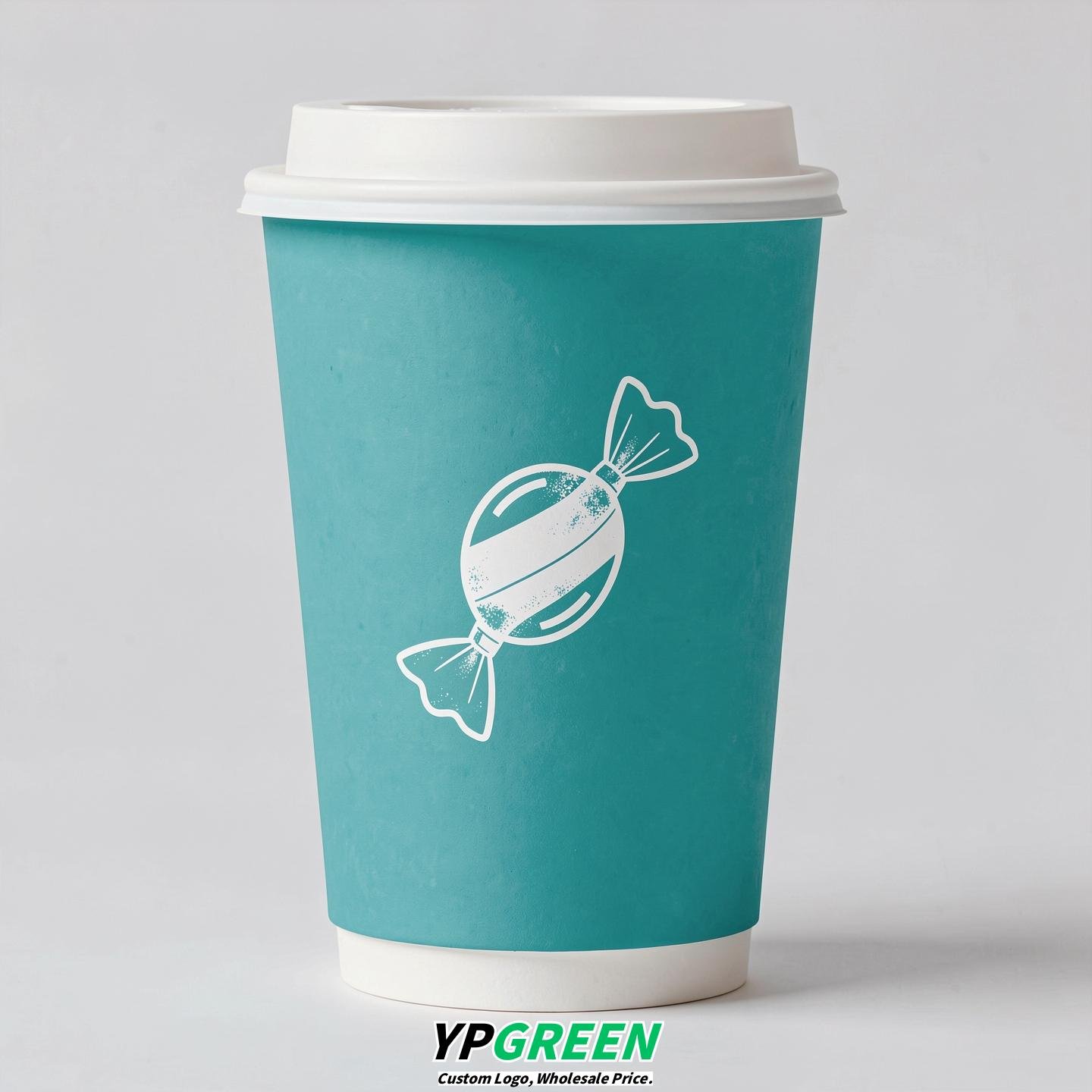 Turquoise Paper Cups with Candy Logo & Lids 8-24oz