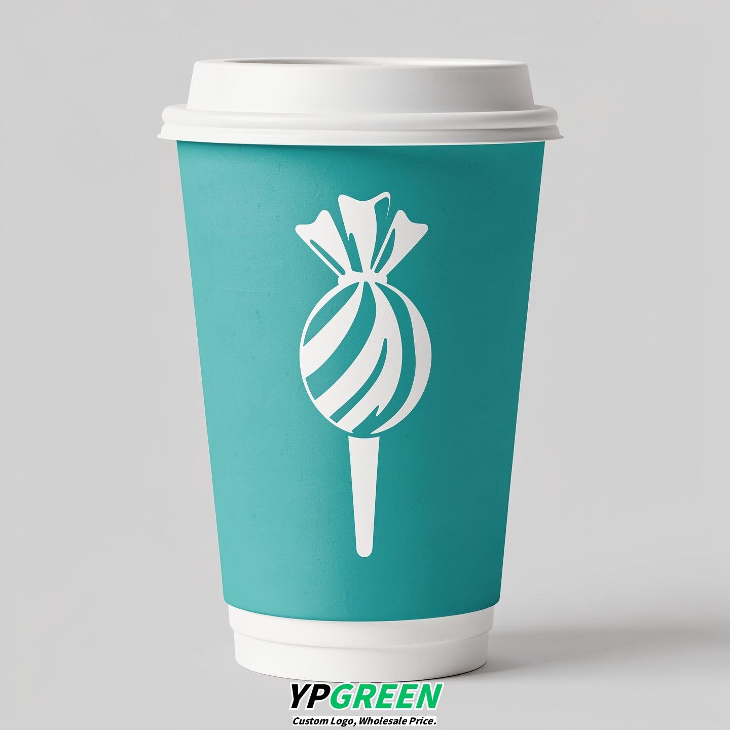 Turquoise Paper Cups with Candy Logo & Lids 8-24oz