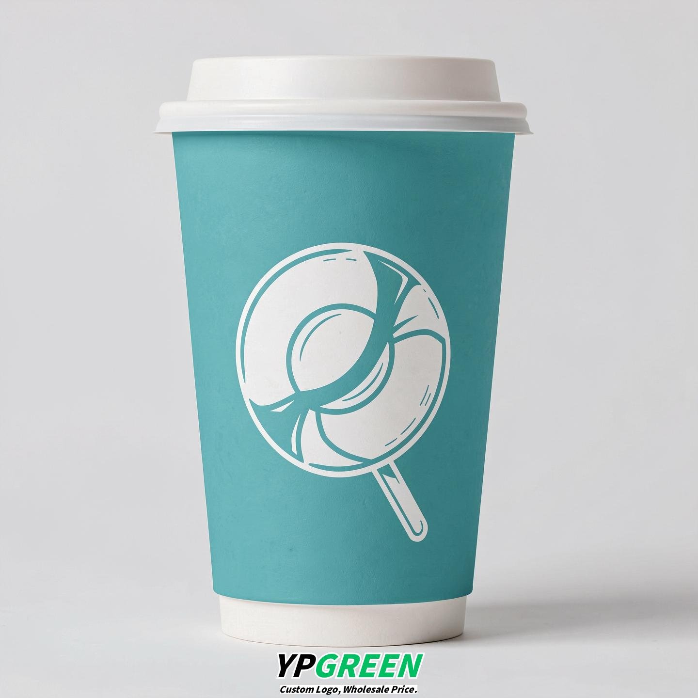 Turquoise Paper Cups with Candy Logo & Lids 8-24oz
