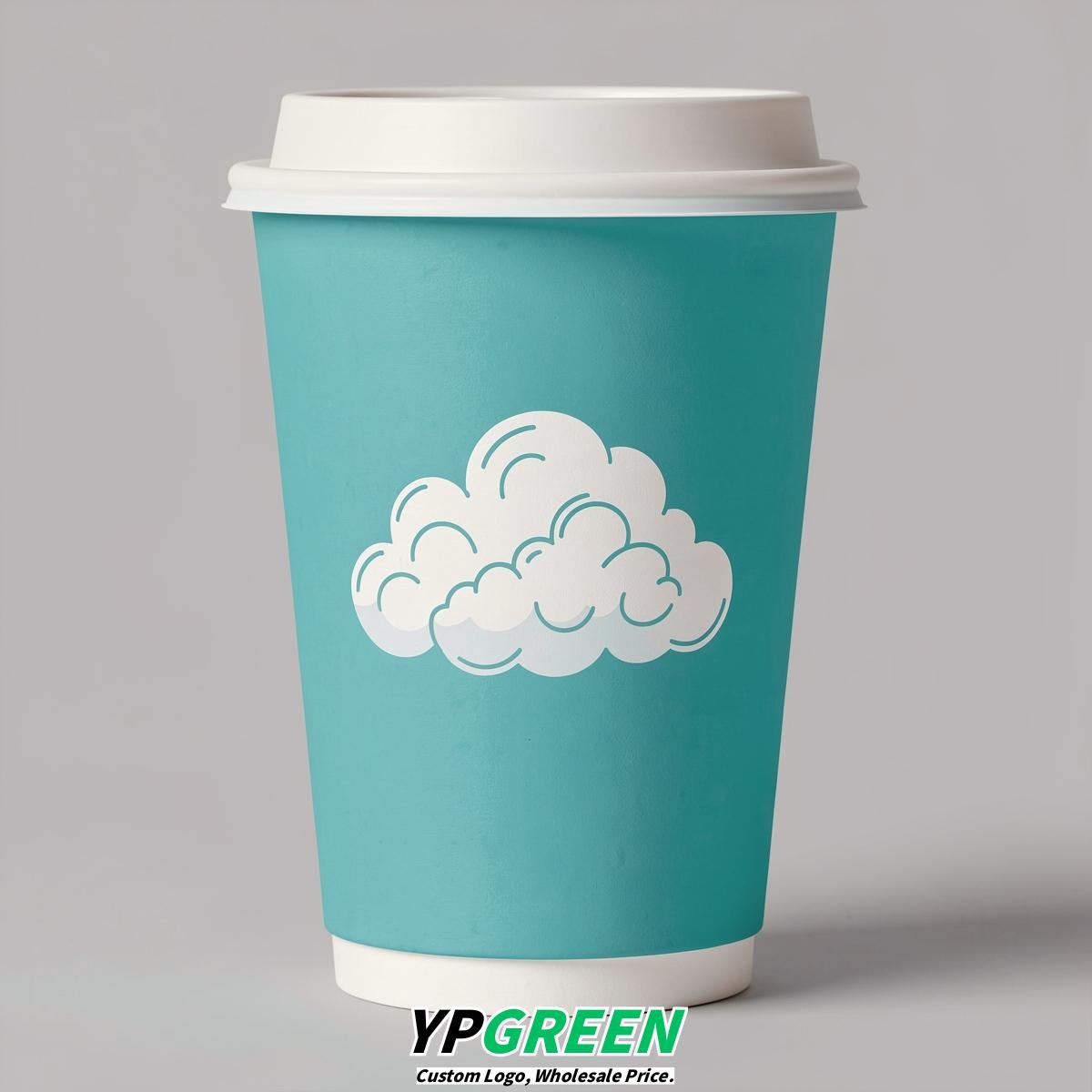 Turquoise Paper Cups with Clouds Logo & Lids 8-24oz