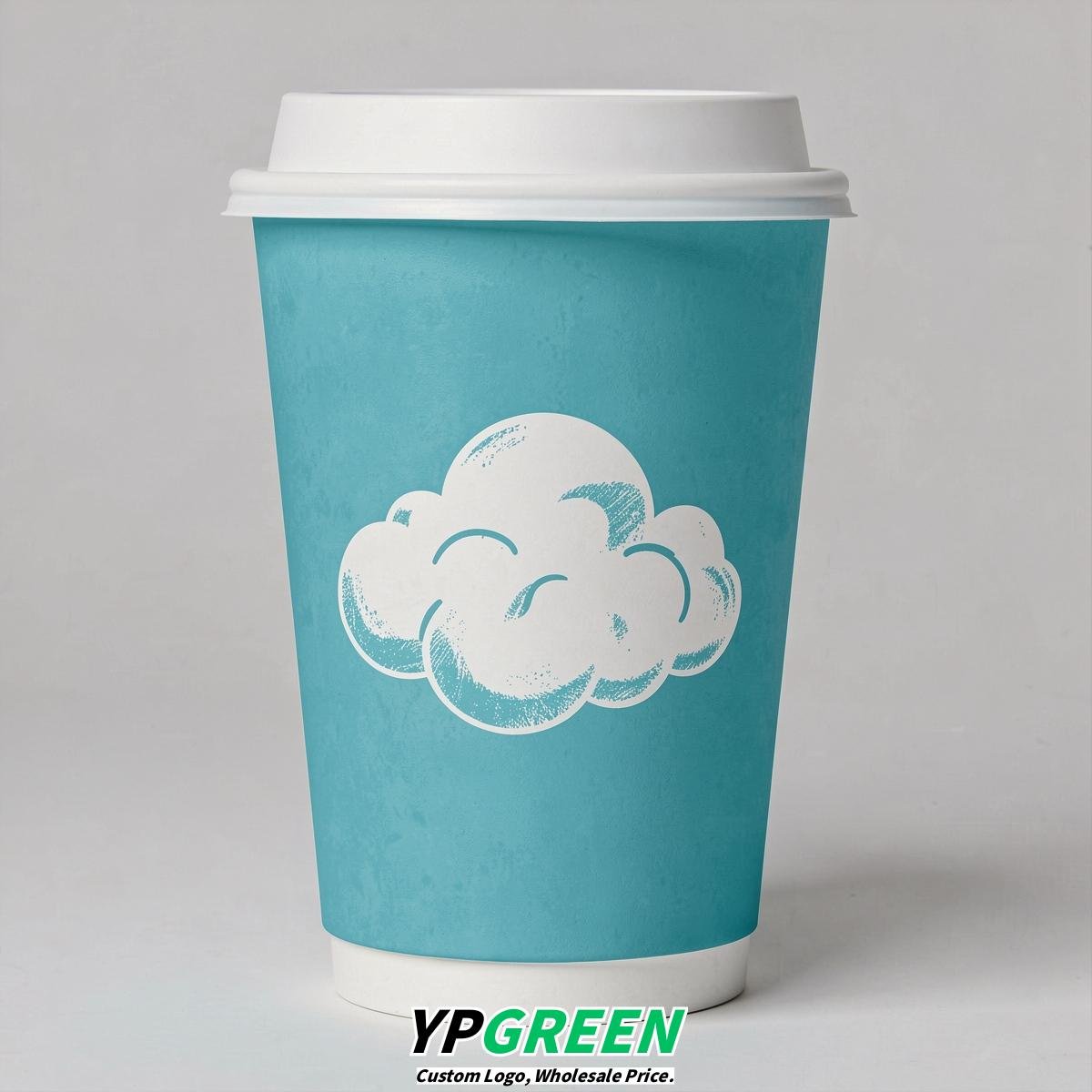 Turquoise Paper Cups with Clouds Logo & Lids 8-24oz
