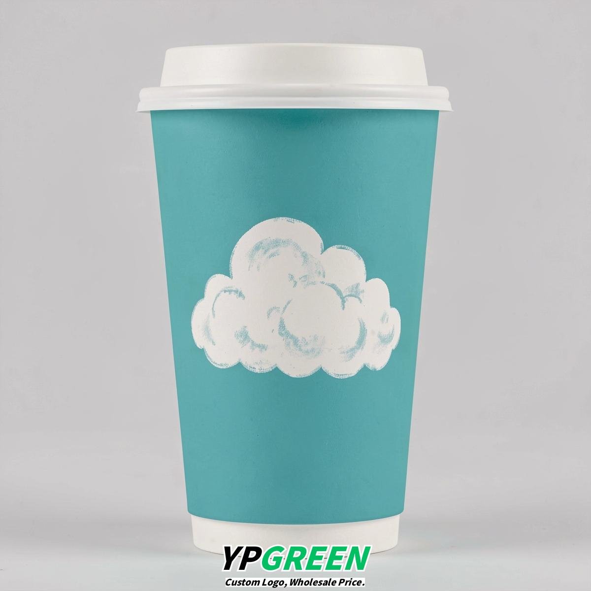 Turquoise Paper Cups with Clouds Logo & Lids 8-24oz