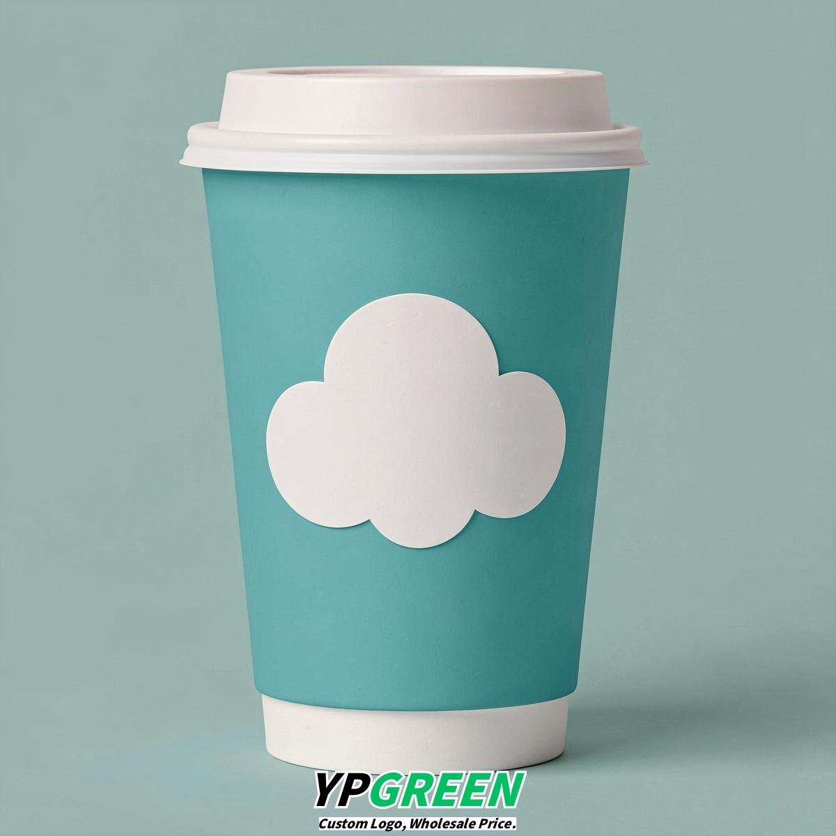Turquoise Paper Cups with Clouds Logo & Lids 8-24oz