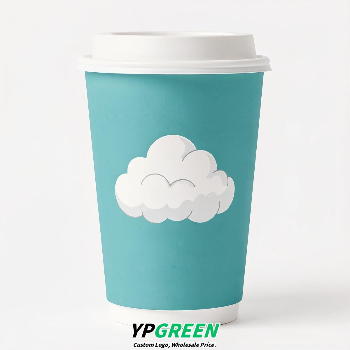 Turquoise Paper Cups with Clouds Logo & Lids 8-24oz