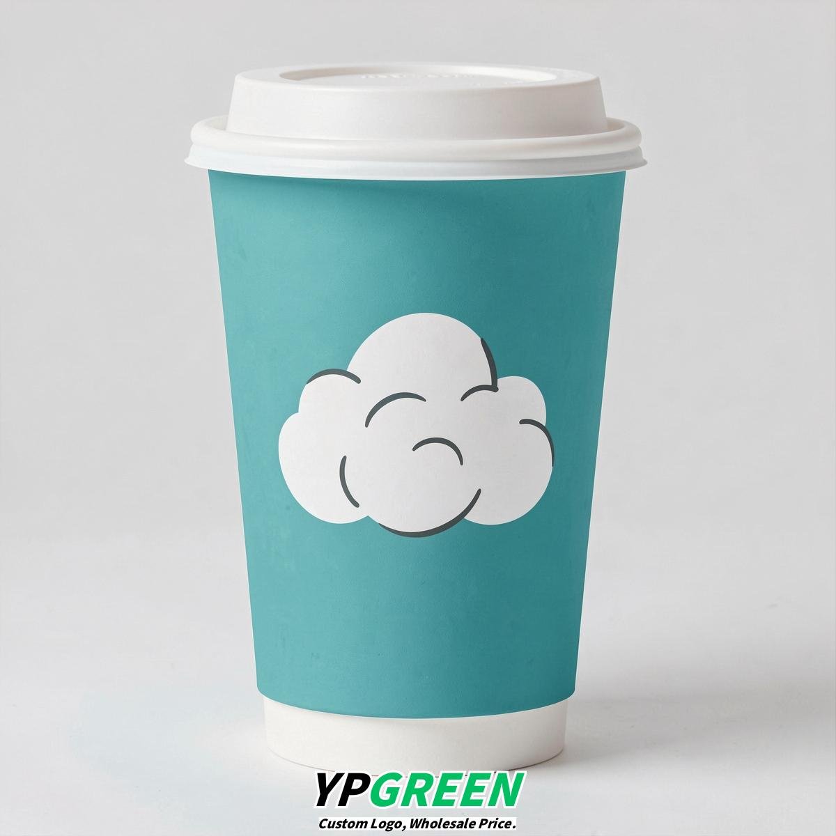 Turquoise Paper Cups with Clouds Logo & Lids 8-24oz