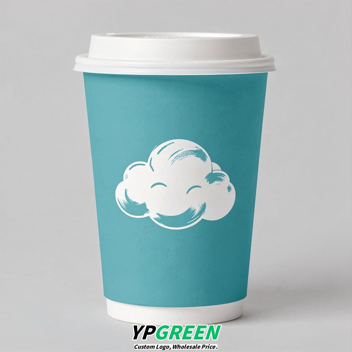 Turquoise Paper Cups with Clouds Logo & Lids 8-24oz